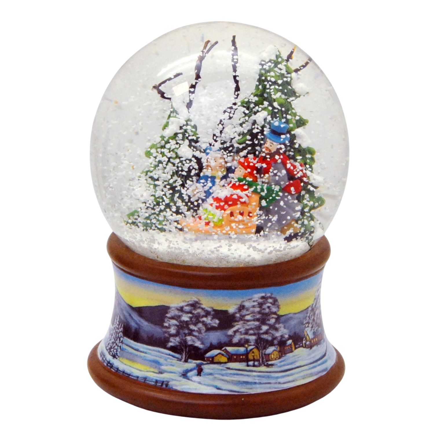MINIUM-Collection Schneekugel Familie Schlitten Winterwald Winterlandschaft auf Spieluhr Sockel 10cm