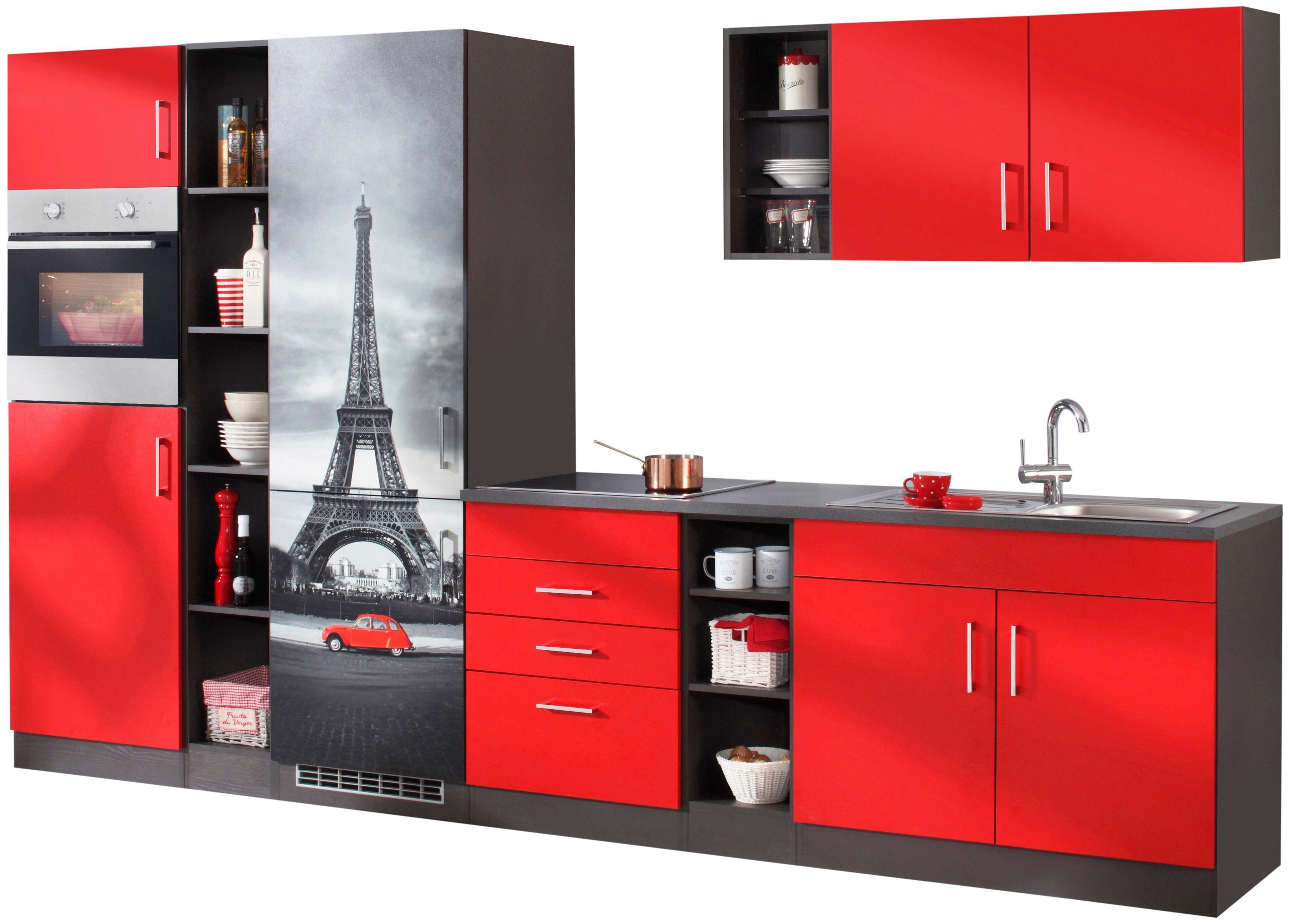 KOCHSTATION Küchenzeile KS-Paris – Küchen mit einzigartigen Fotomotiven auf den Fronten, Breite 340 cm, wahlweise mit E-Geräten und Induktion