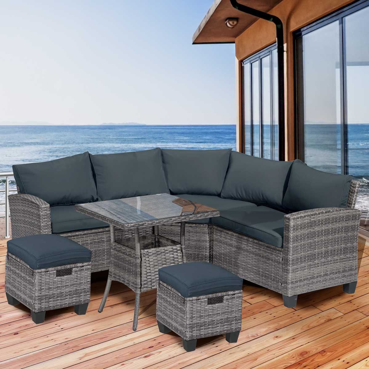 BRAST GartenEssgruppe Polyrattan Essgruppe BALCONY + 2 Hocker grau