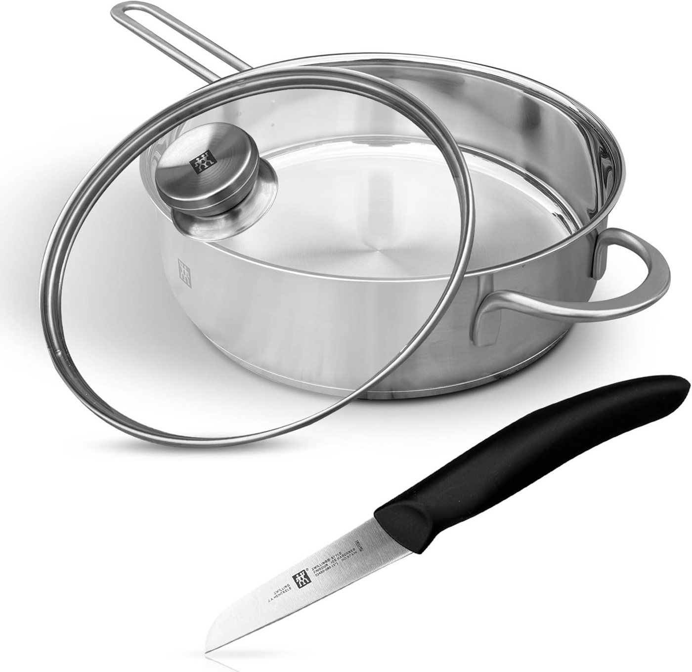 Zwilling Schmorpfanne TwinNova 3 24cm mit Deckel + Gemüsemesser 8cm, Edelstahl, kratzfest und säurebeständig, unbeschichteter Finish