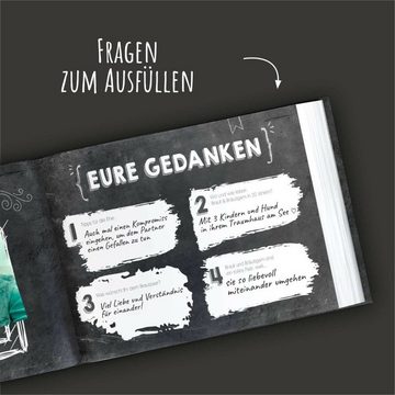 bigdaygraphix Notizbuch Hochzeitsgästebuch A4 quer Schwarz-Weiß, Vorgefertigte Fragen für besondere Einträge.