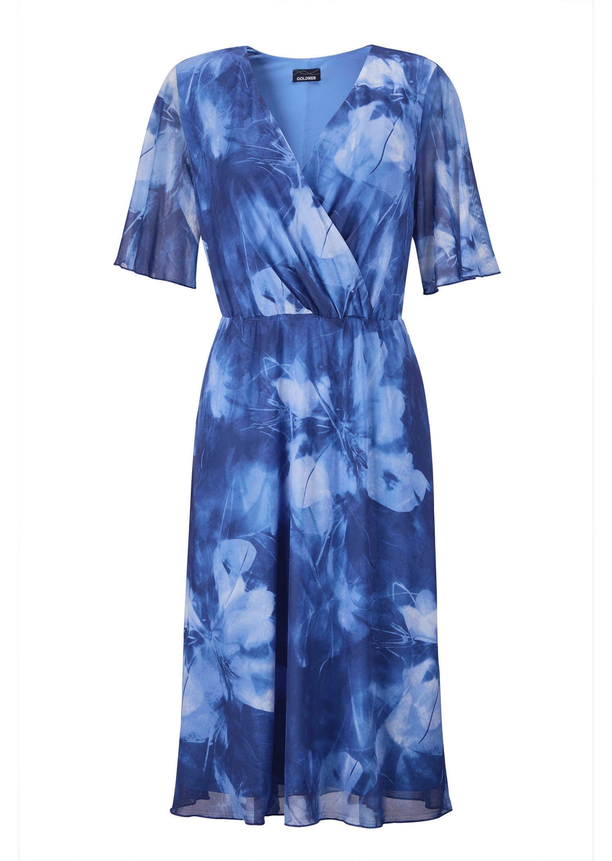 GOLDNER Sommerkleid Wickelkleid mit Blütenprint in Blau, tailliert Midi-Kleid mit femininer Wickeloptik, floral bedruckt, bequem