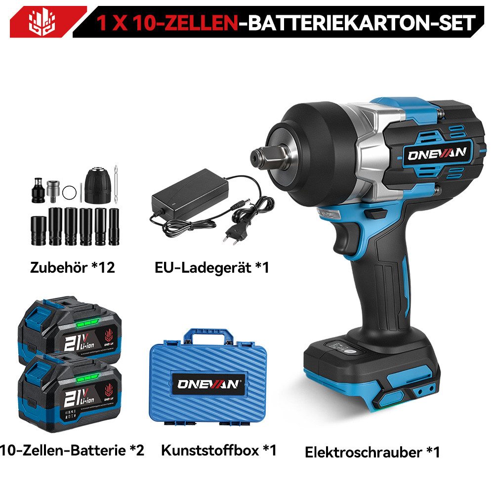 ONEVAN Akku-Schlagschrauber 2800 Nm (2,065 FT-LBS) Bürstenloser 1/2-Zoll Schlagschrauber, 8000 U/min, 2800 Nm, mit 2 x 4.5Ah Akkus & 6x Stecknüsse, für Reifenwechsel und Kfz-Wartung
