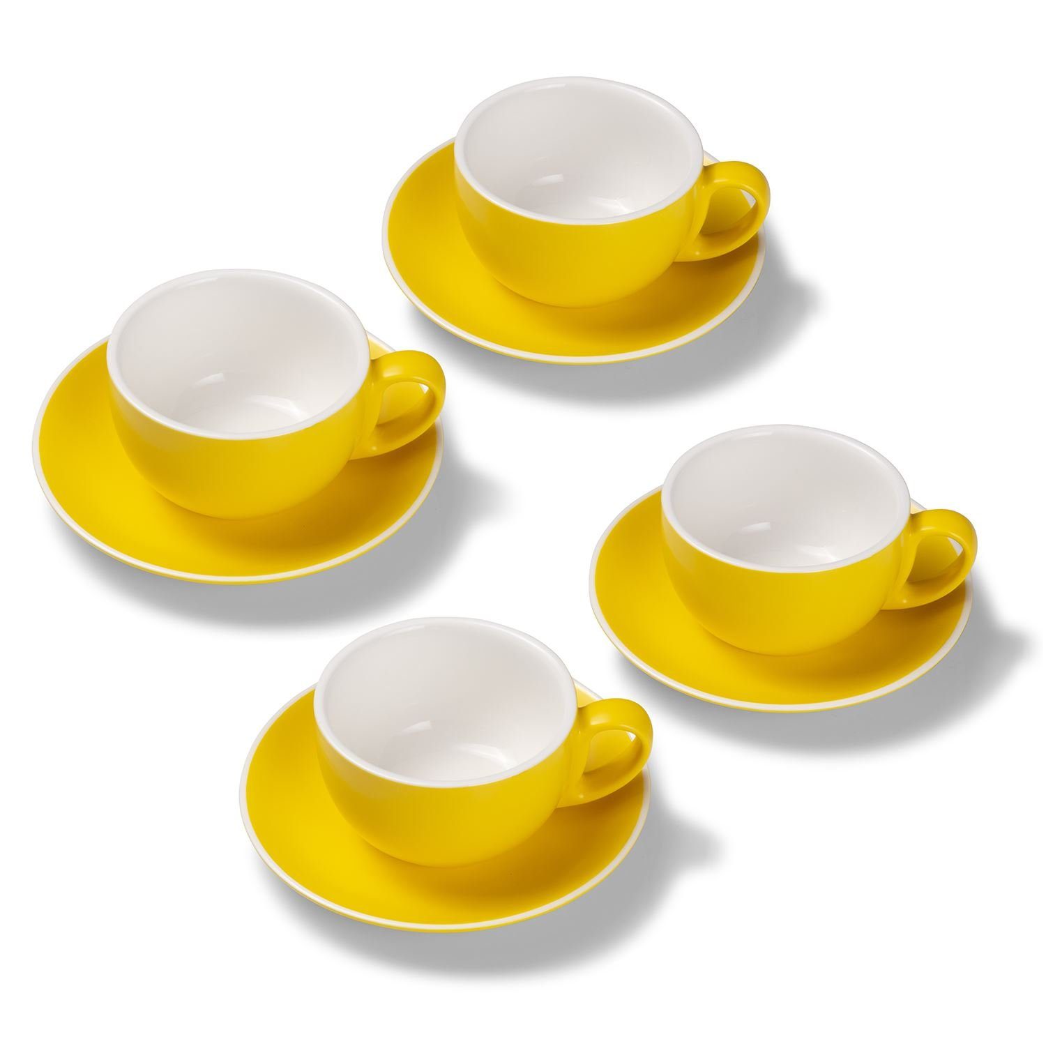 Tasse 4er Milchkaffeetassen-Set, Gelb matt 350 ml mit Untertasse, Porzellan, spülmaschinenfest,extra dickwandig