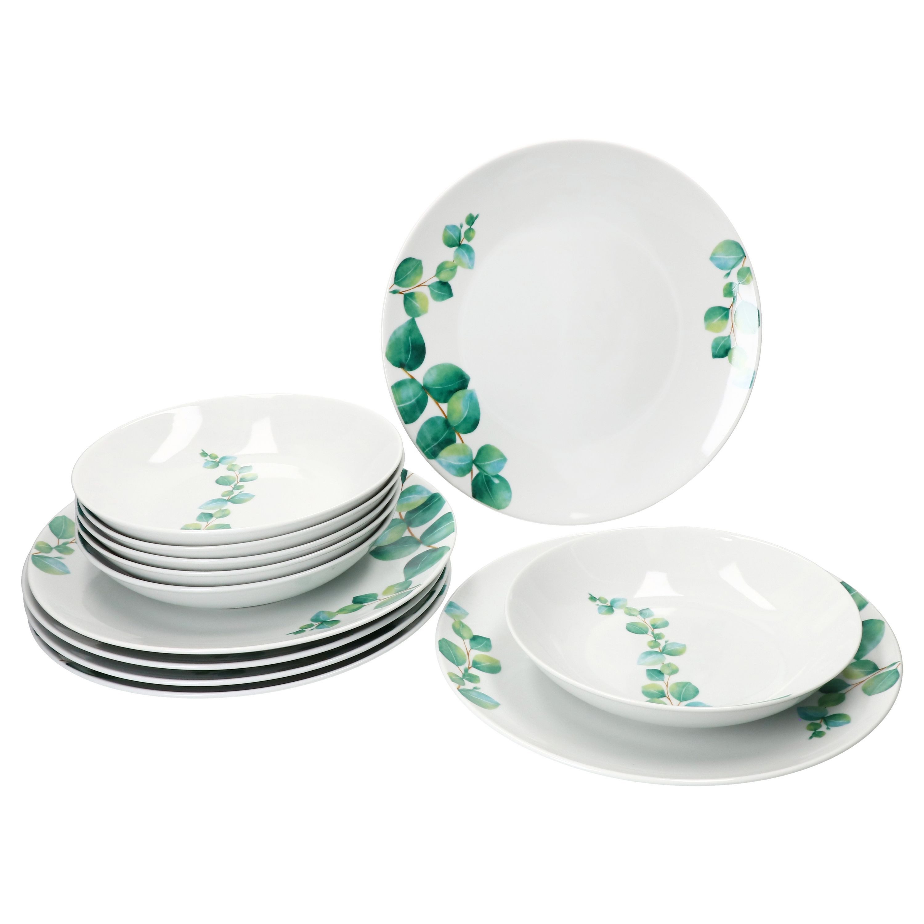 MamboCat Tafelservice 12tlg Tafelservice Eukalyptus weiß Porzellan 6 Personen Essteller, Porzellan