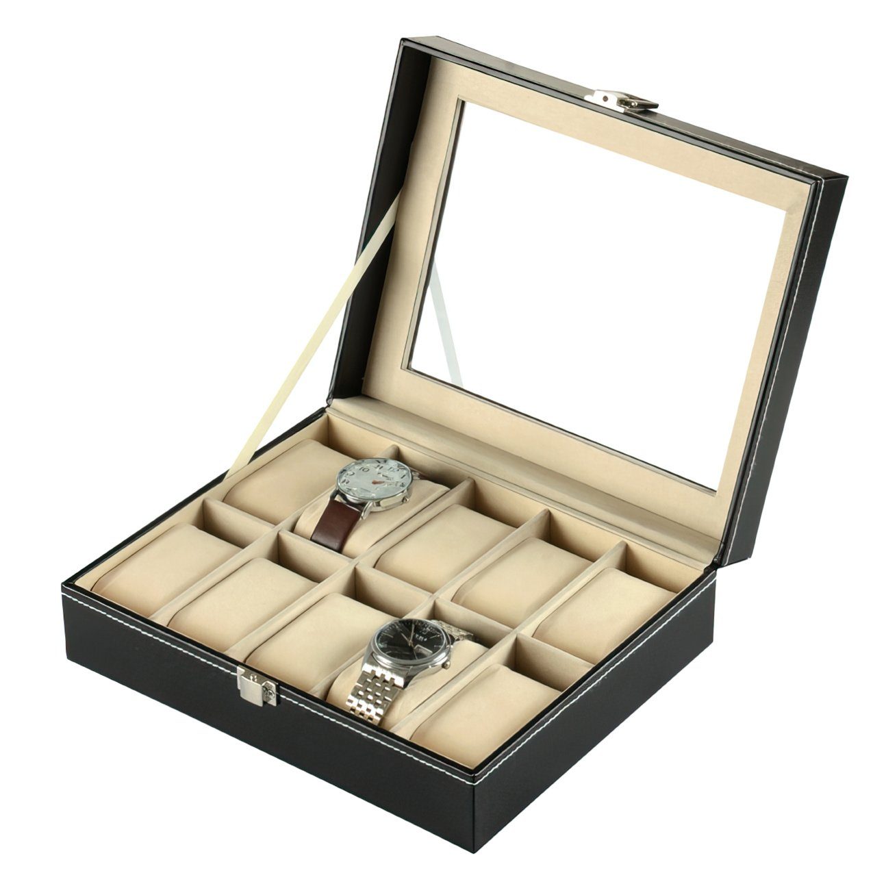 Uhrenbox Uhrenkoffer Uhrenbox für Uhrensammlung in Leder-Optik Echtglas-Fenster