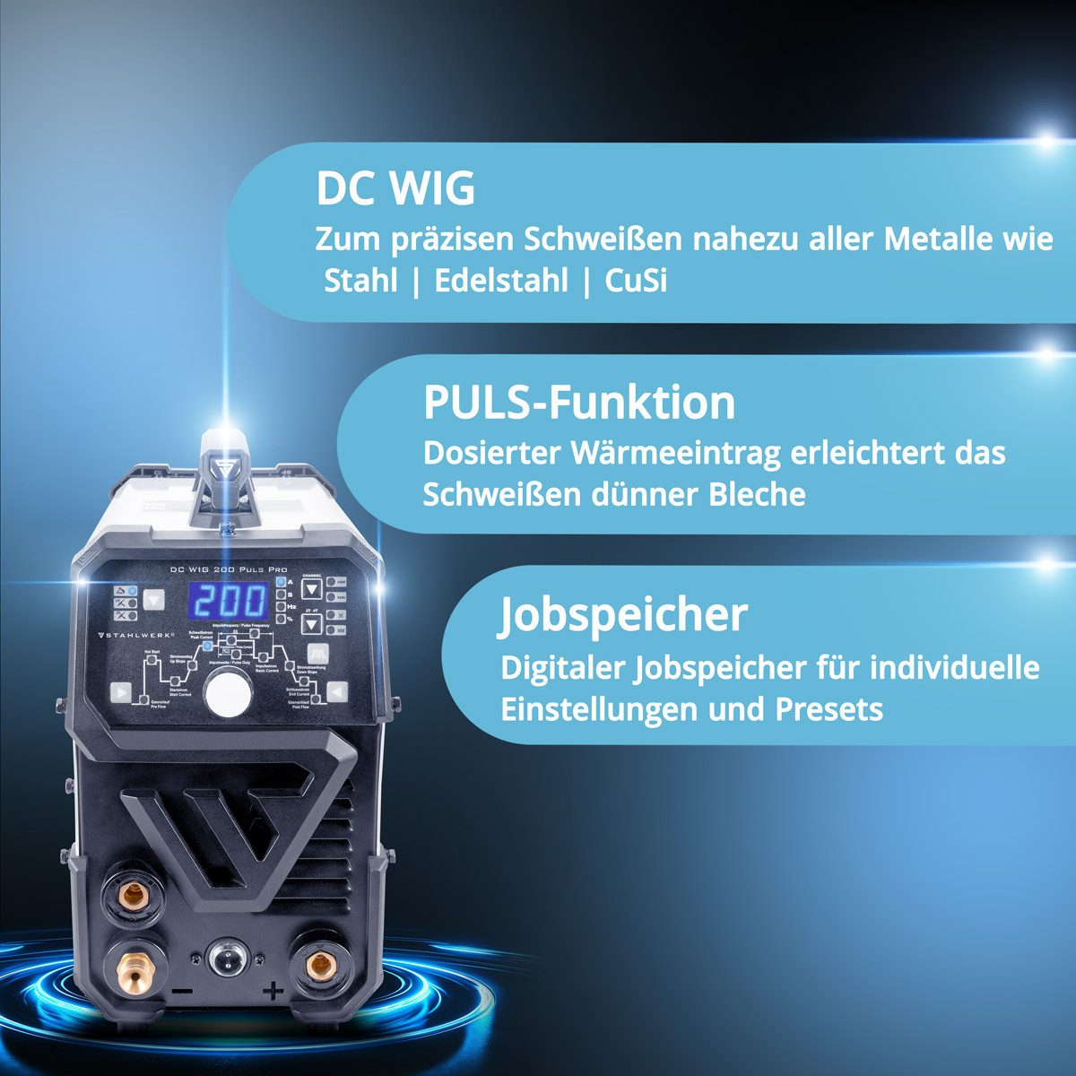 STAHLWERK Inverterschweißgerät DC WIG 200 Puls Pro Digital mit Pulsfunktion & MMA, 10 - 200 A, Packung}, 7-tlg., Einzelgerät, Digitales Profi WIG Schweißgerät mit MMA E-Hand und Pulsfunktion
