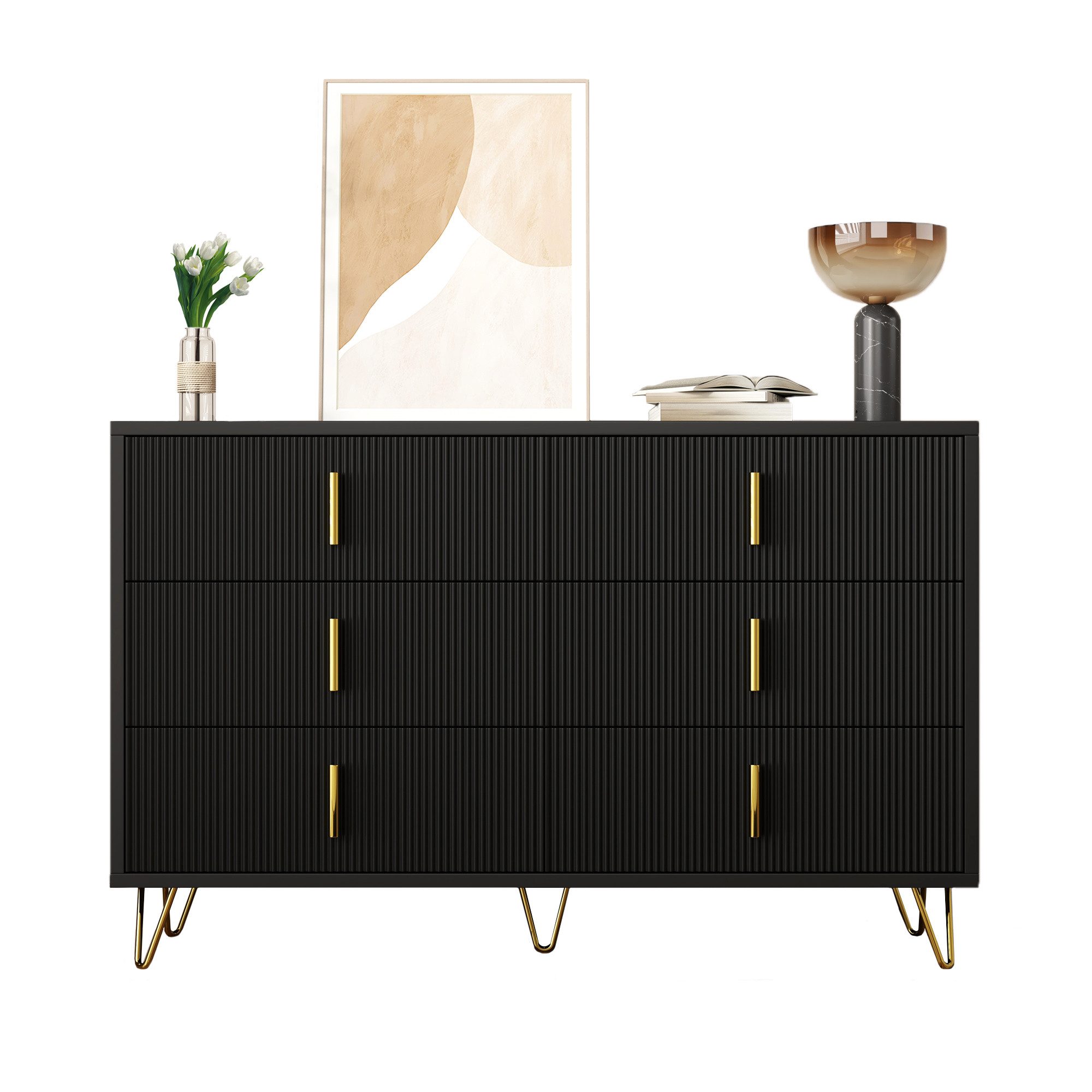 Merax Schubkastenkommode mit goldenen Griffe und Beine aus Metall (120x40x77 cm), Sideboard mit sechs Schubladen, Kommode, Aufbewahrungsschrank