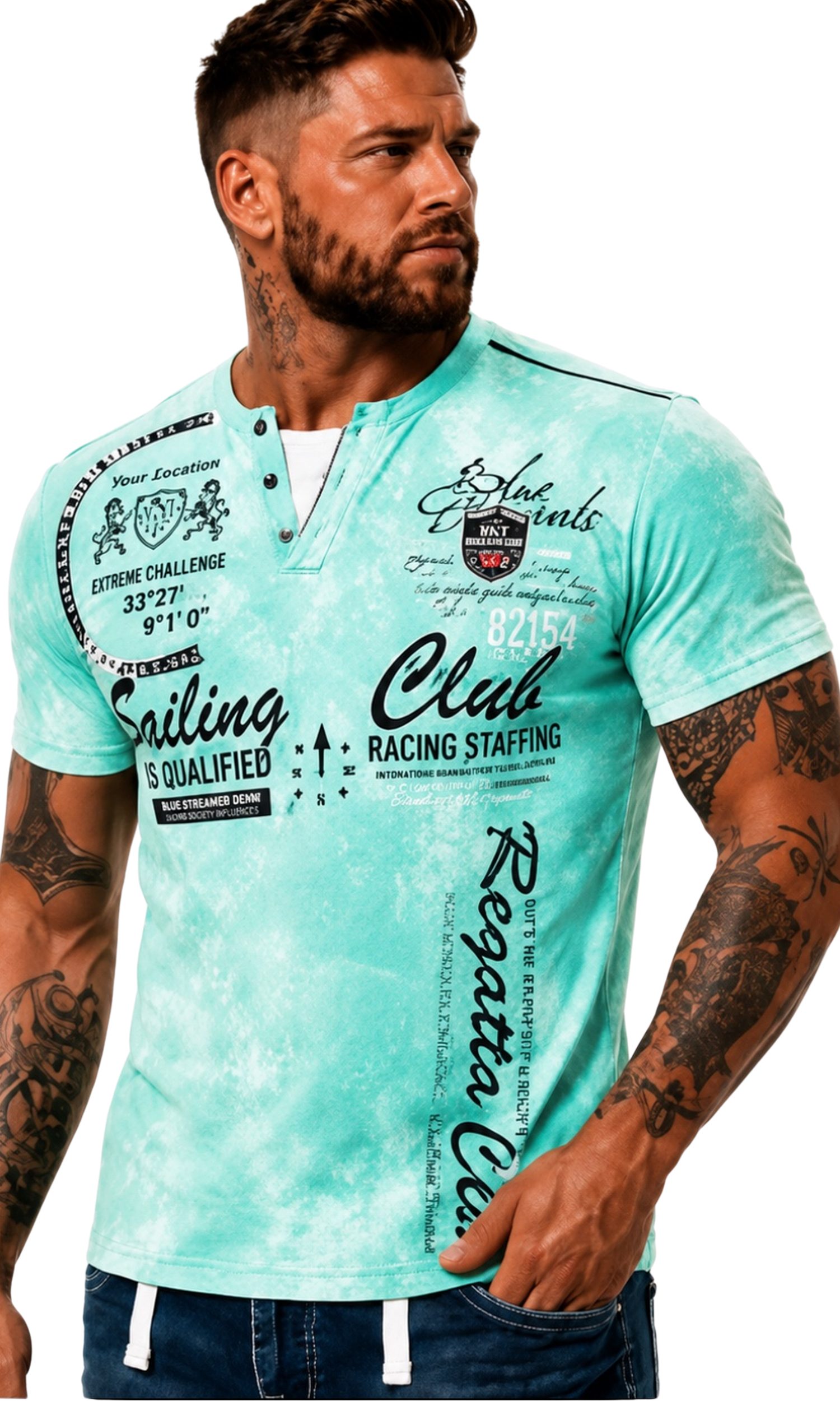 L.gonline Kurzarmshirt Herren T-Shirt, Sommershirt, Batik Optik, 2879 Mint 3XL (Shirt Kurzarmshirt Tee, 1-tlg) Fitness Freizeit Casual