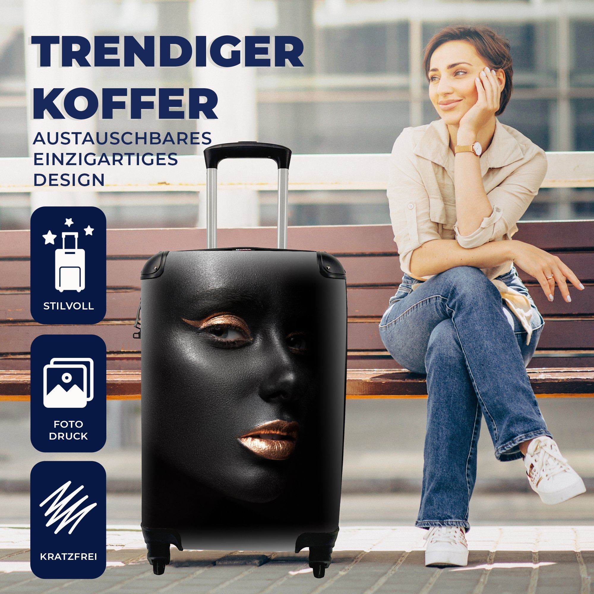 Ferien, Handgepäck für Reisekoffer - Trolley, Frau, Gold MuchoWow 4 - Handgepäckkoffer rollen, mit Reisetasche Rollen, Schwarz