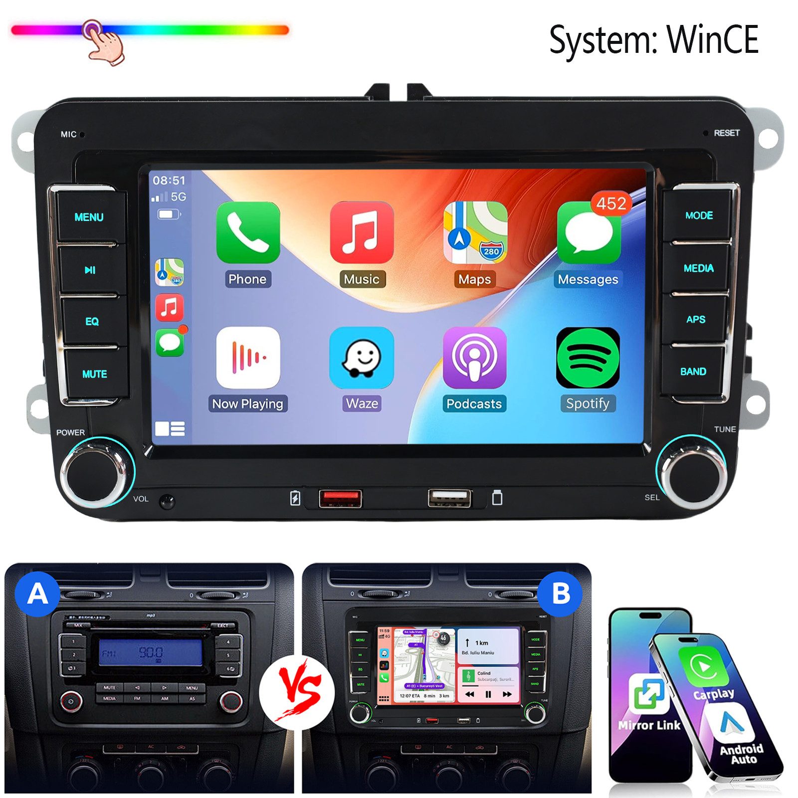 ESSGOO Für VW Golf 5 6 Plus Touran Caddy Jetta Autoradio Carplay Android Auto Autoradio (System : WinCE, Rückfahrkamera(optional), 2 DIN, AM/FM, SWC, CANBUS-Adapter ENTHALTEN (optimiert für Windows CE-System)