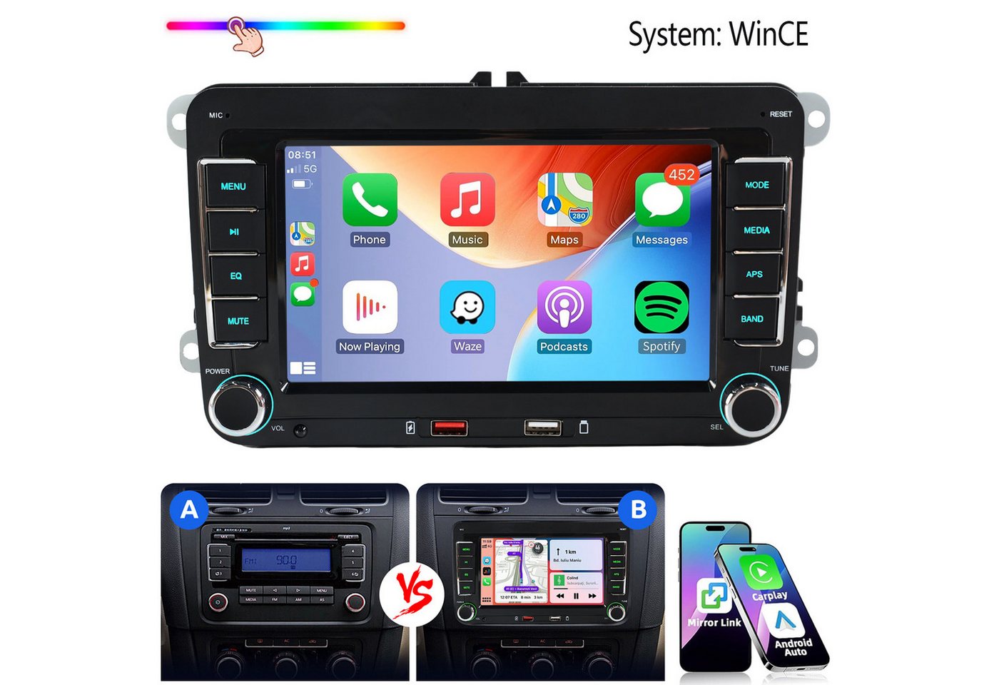 ESSGOO Für VW Golf 5 6 Plus Touran Caddy Jetta Autoradio Carplay Android Auto Autoradio (System : WinCE, Rückfahrkamera(optional), 2 DIN, AM/FM, SWC, CANBUS-Adapter ENTHALTEN (optimiert für Windows CE-System)