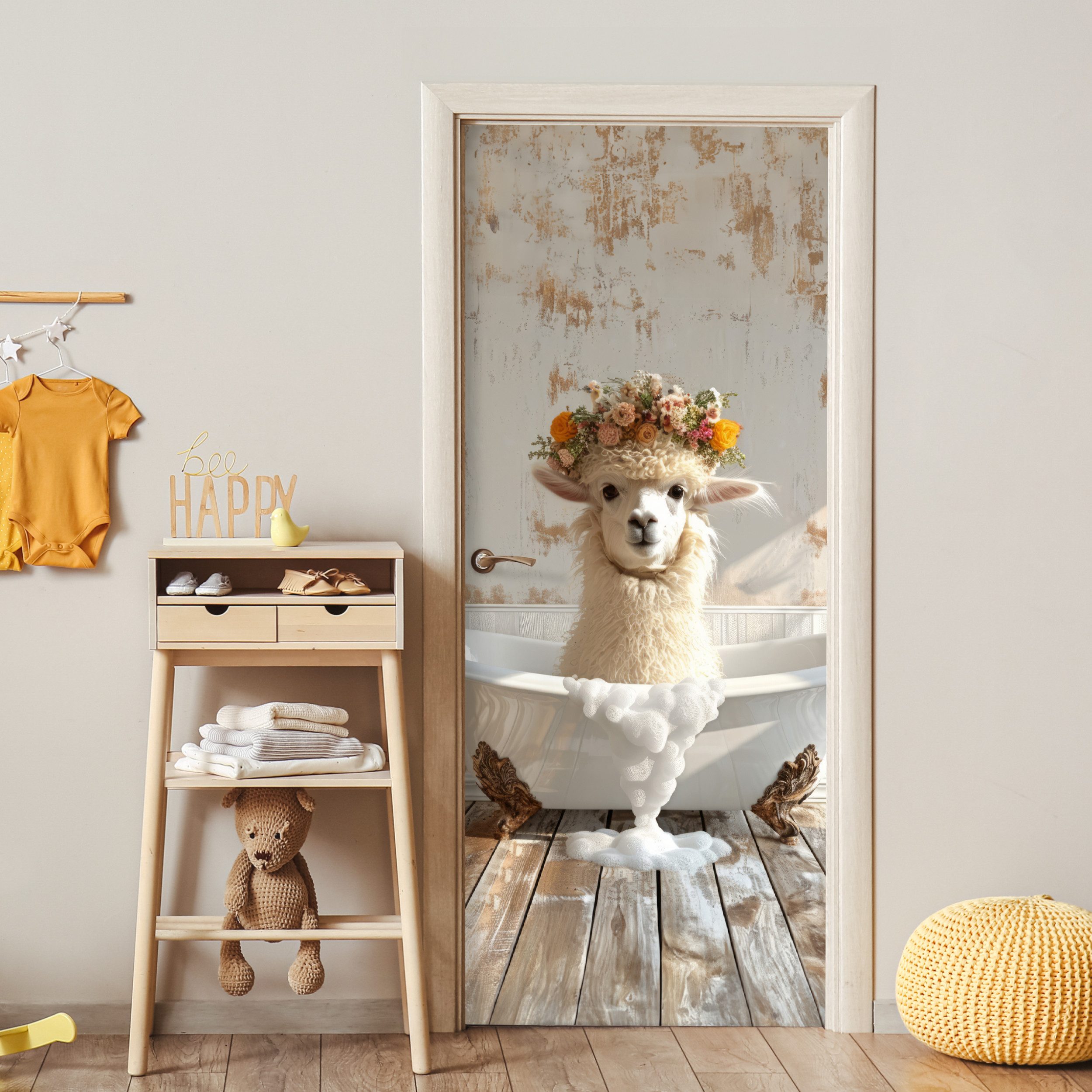 MuchoWow Türtapete Vintage - Alpaka - Badewanne - Blumen - Tiere, Matt, bedruckt, (1 St), Selbstklebende Tapete, Folie für Möbel, 75x205 cm