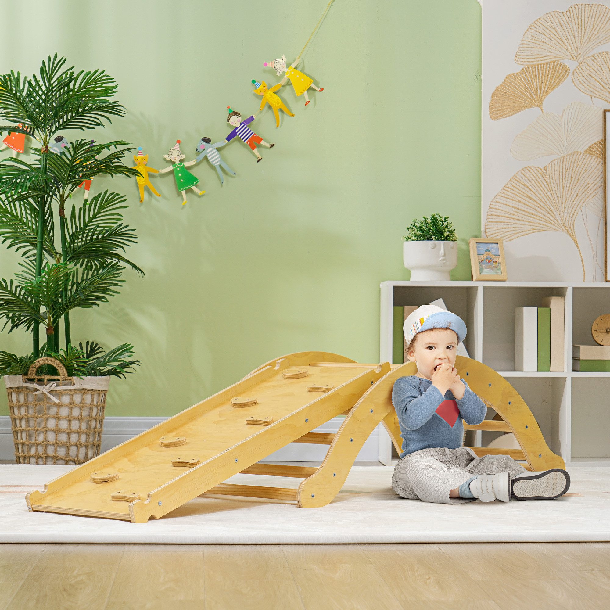 AIYAPLAY Klettergerüst Montessori Holz Kletterbogen Rutsche Matte Spielplatz, (Kletterspielzeug, 4-St., Kletterdreieck zum Rutschen und Klettern), für Kinder 1,5-4 Jahre, Indoor, Naturholz