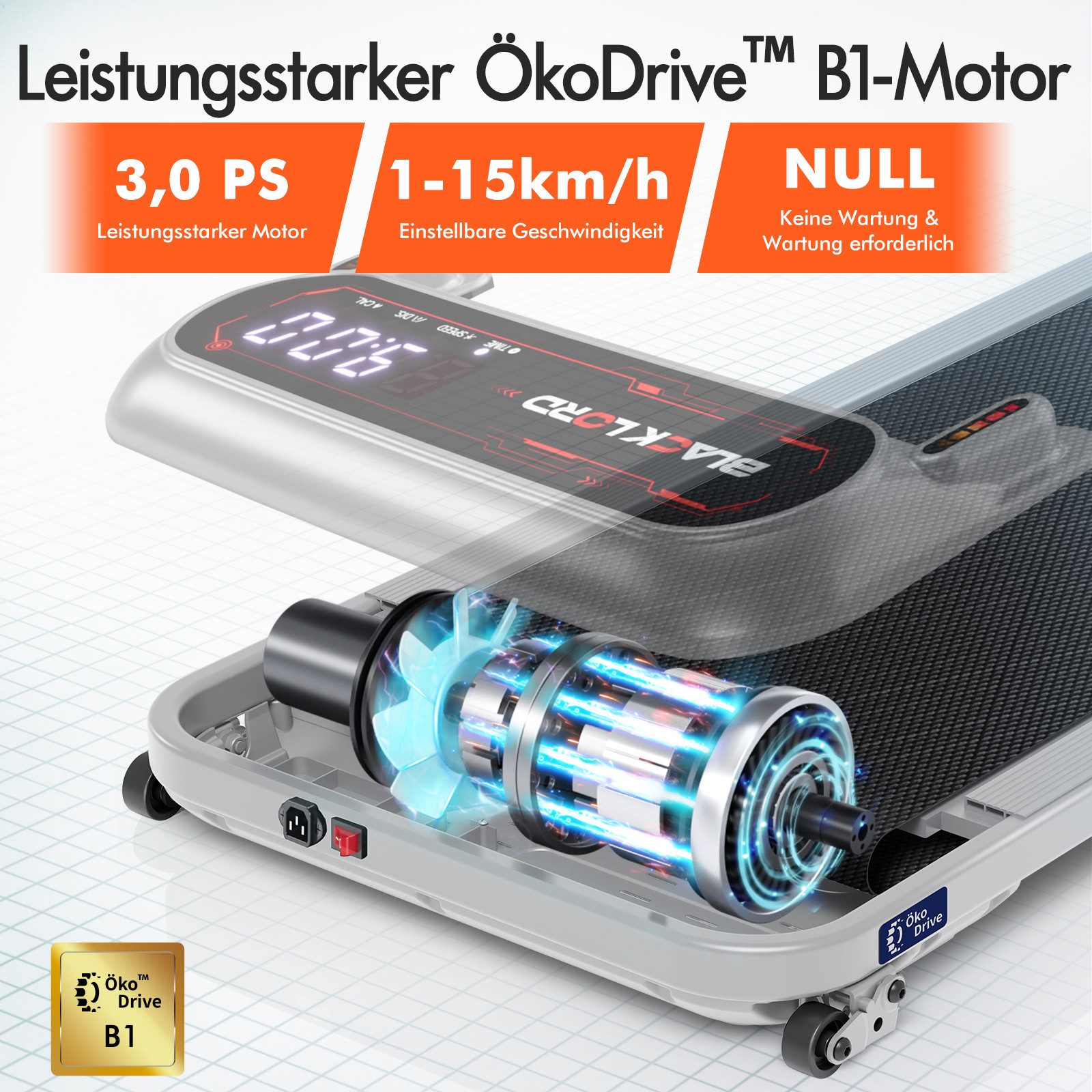 BLACK LORD Laufband 3,0PS Motor, 12 km/h, mit Steigung, Bluetooth App Steuerung, 390mm, 3 Stufen Neigung, LED Display, Fernbedienung, Untertisch