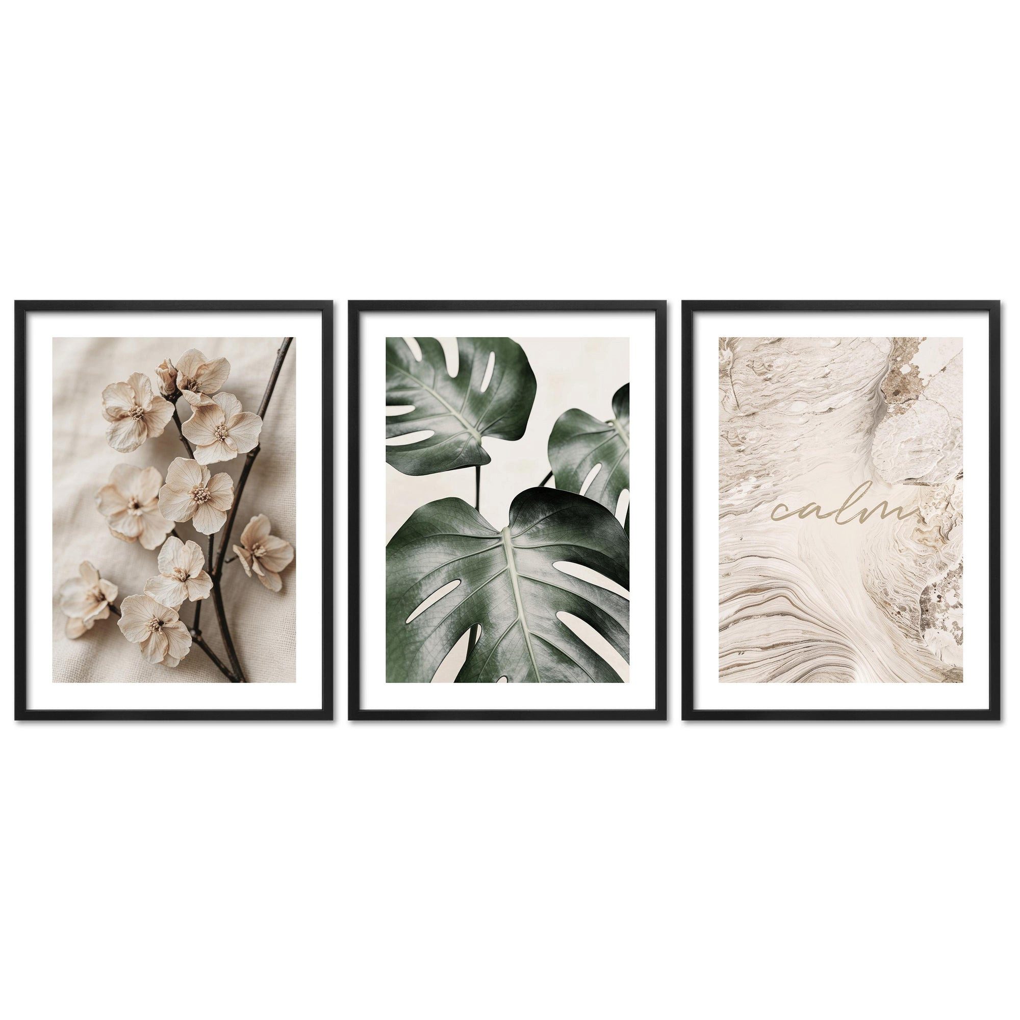 ARTFAVES Bilder-Collage Poster Set Beige Green Calmness Trio I mehrteilige Bilderwand I Wandbi, (Wandbilder modern, 3 St)
