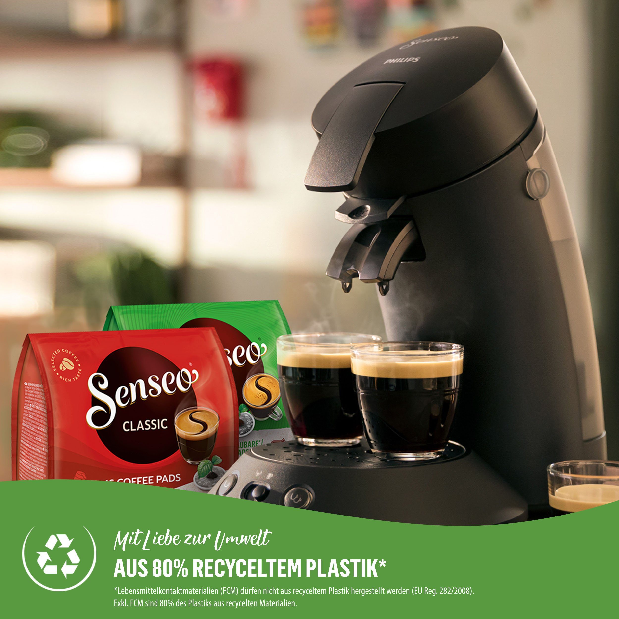 Philips Senseo Kaffeepadmaschine Original Plus ECO CSA210/22, mit zwei Kaffee-Einstellungen, aus 80% rec. Plastik