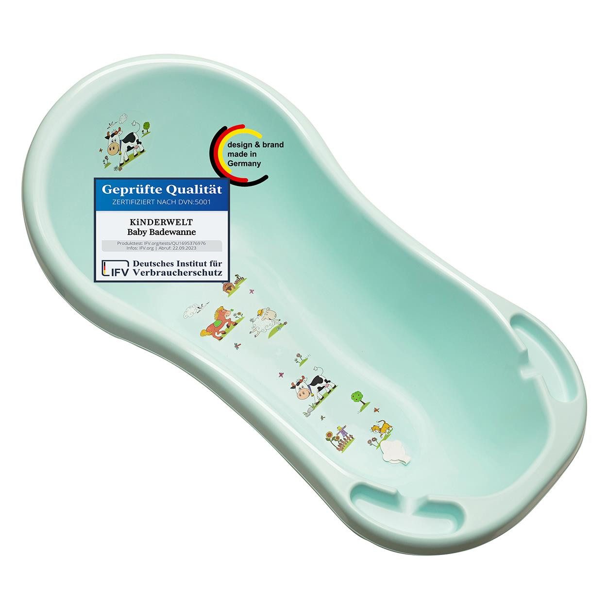 KiNDERWELT Babybadewanne Premium Funny Farm aquamarin XXL + Ablaufstöpsel, mit Ablaufstöpsel