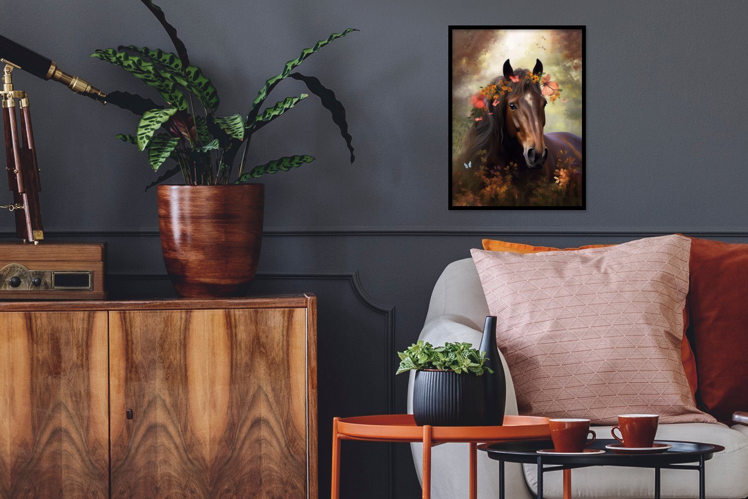 MuchoWow Poster Pferd - Tiere - Blumen - Wald - Schmetterling, (1 St), mit Rahmen, Kunstdruck, Gerahmtes Poster, Schwarzem Bilderrahmen