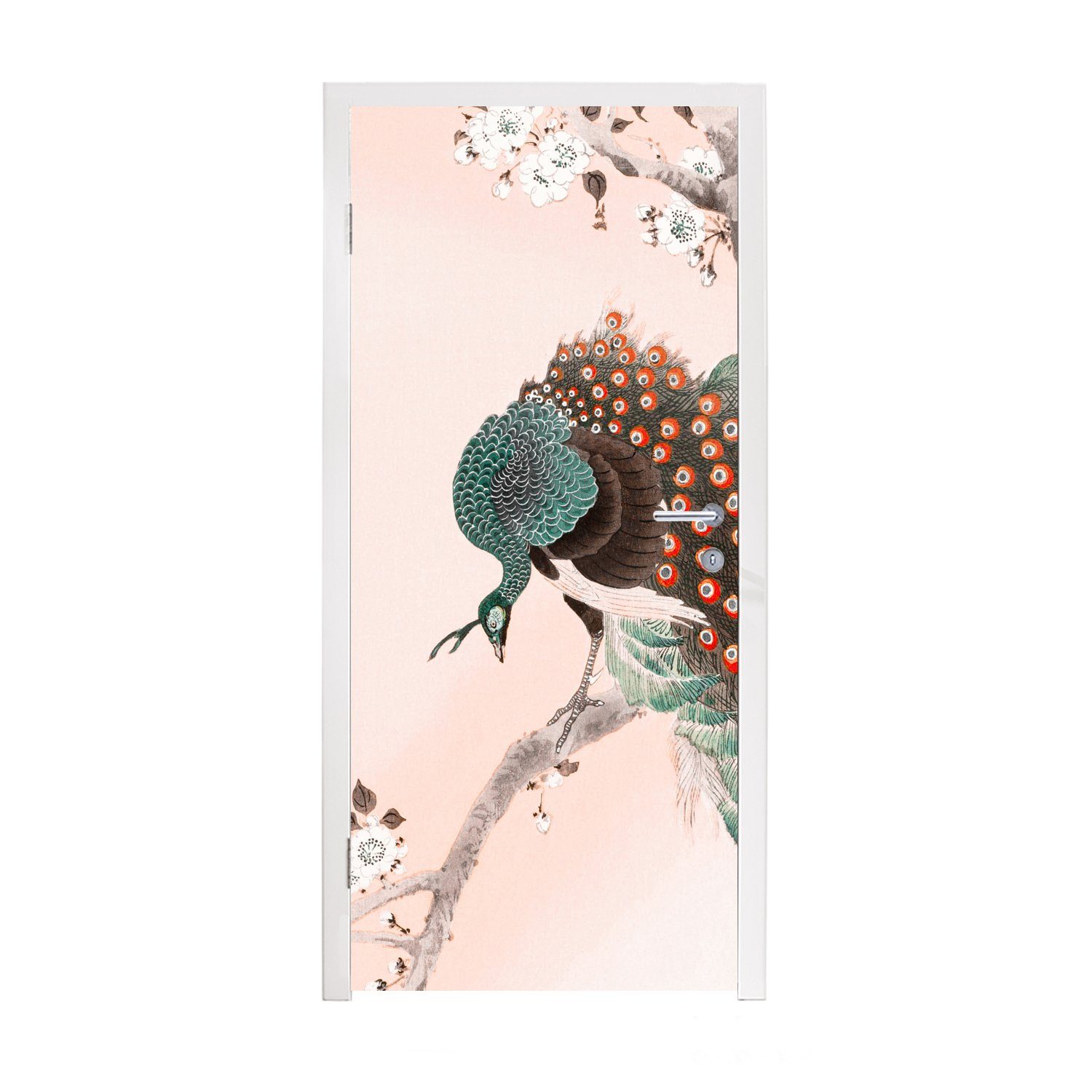 MuchoWow Türtapete Blüte - Pfau - Federn - Japandi, Matt, bedruckt, (1 St), Fototapete für Tür, Türaufkleber, 75x205 cm