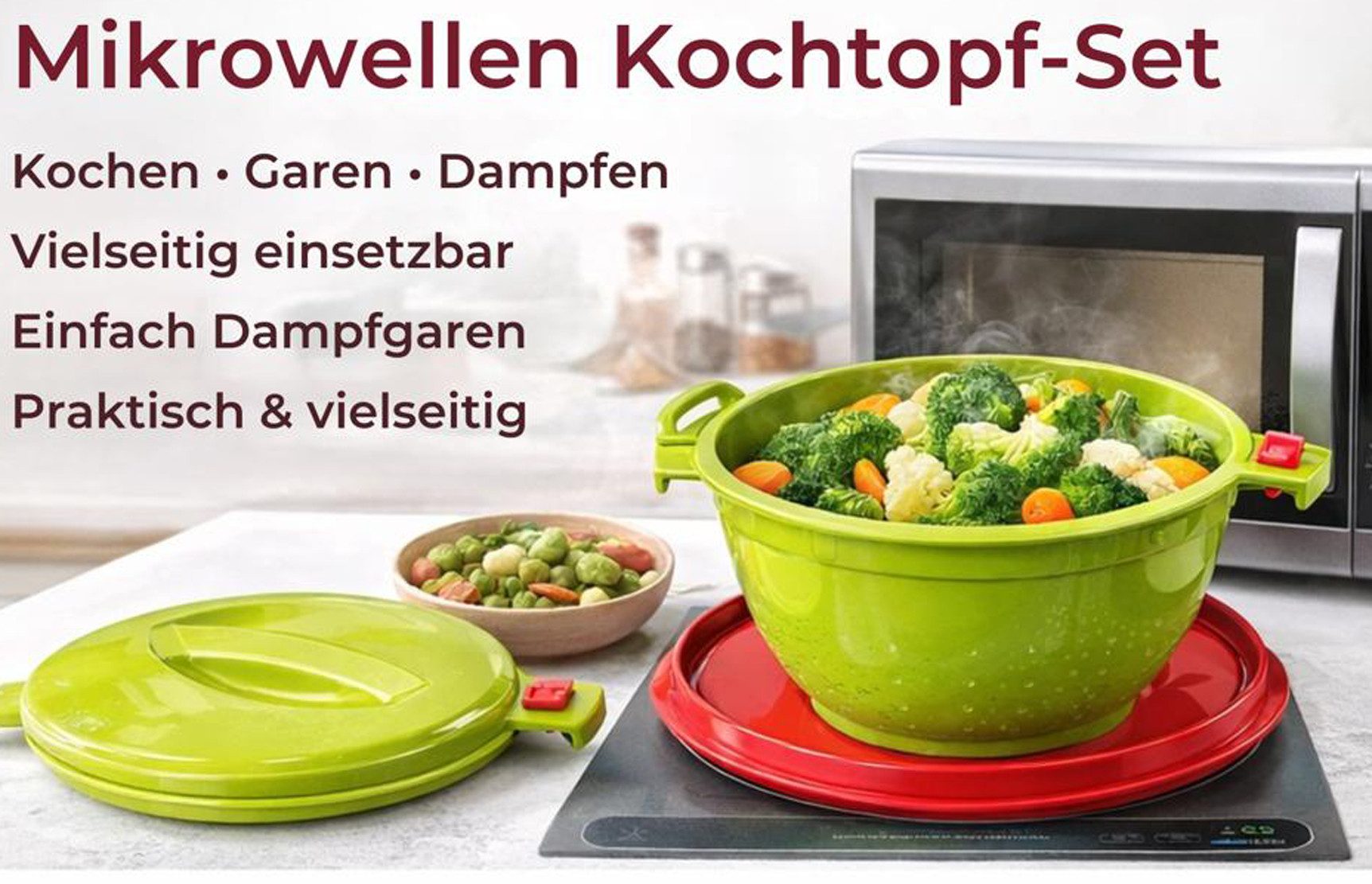 Kaiser24 Kochtopf Mikrowellen Kochtopf Set 5tlg Dampfgaren mit Siebeinsatz Ventil
