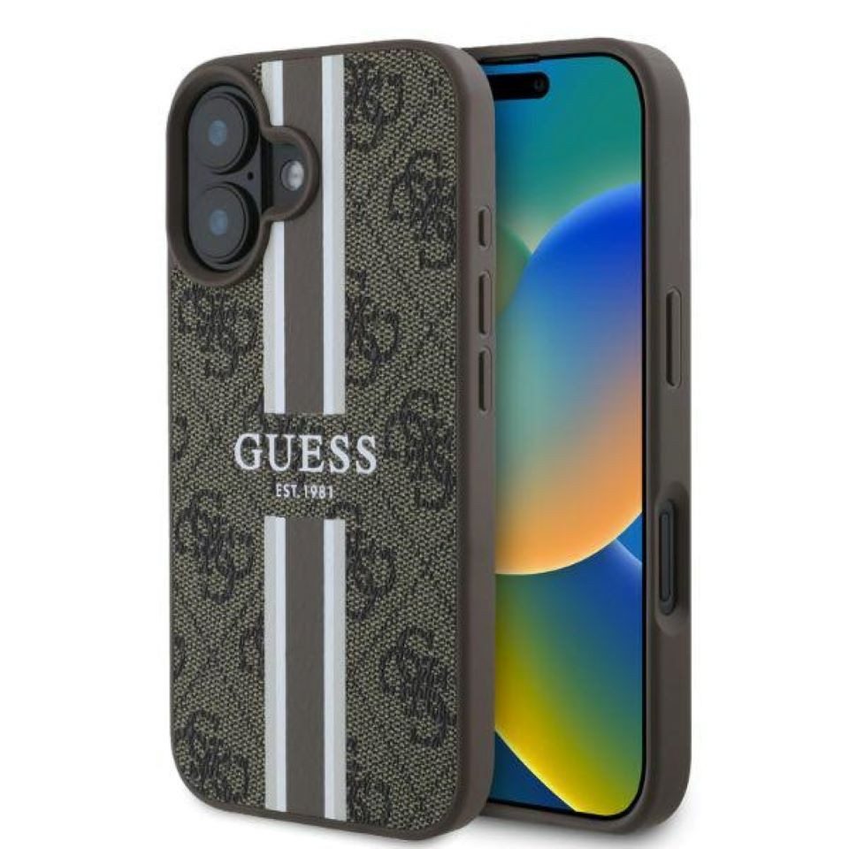 Guess Handyhülle iPhone 16 Kunstleder Muster braun Logo goldfarbig MagSafe 6,1 Zoll, Kantenschutz