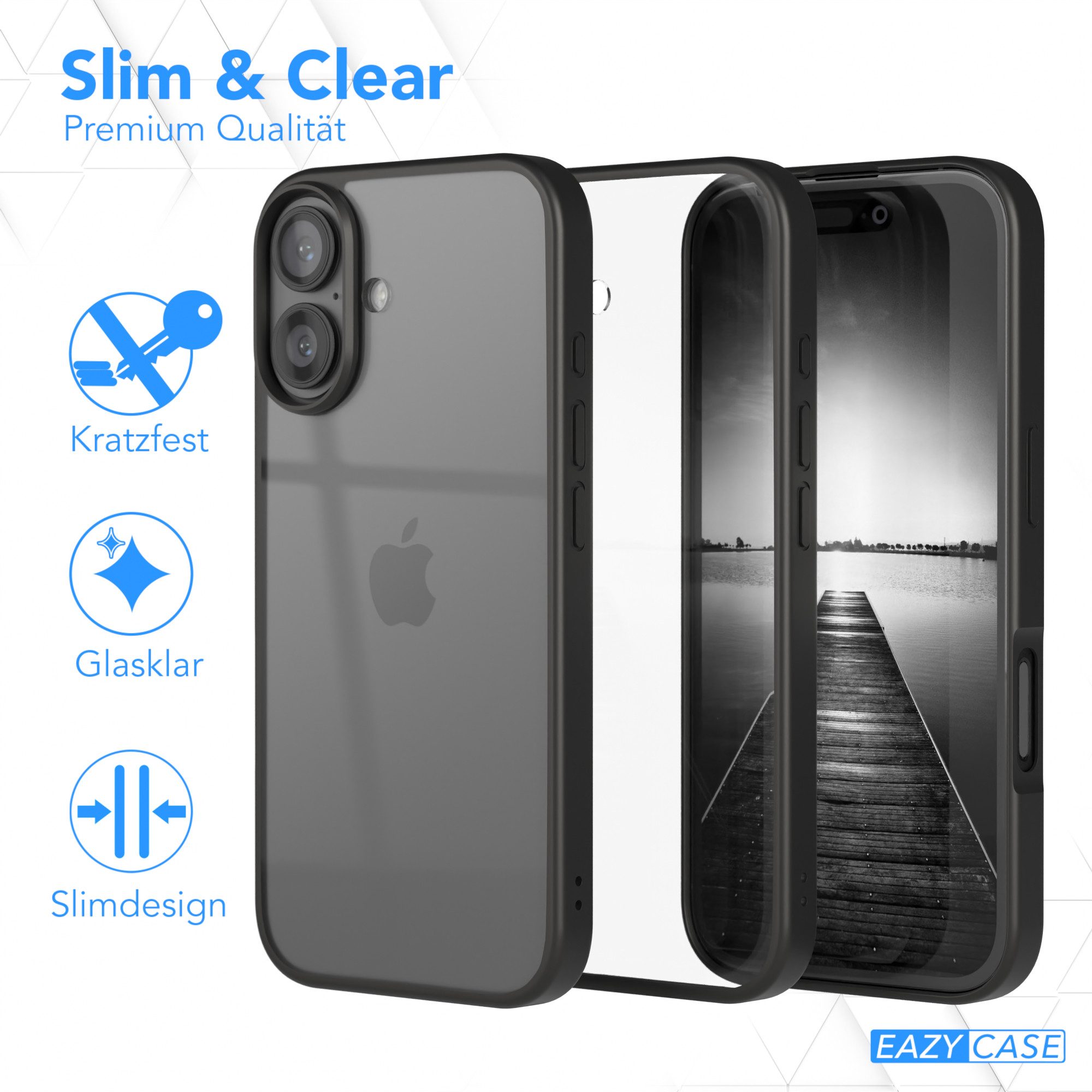 EAZY CASE Handyhülle Bumper Case für Apple iPhone 16 6,1 Zoll, Hülle Durchsichtig kratzfest Back Cover mit Displayschutz Schwarz – Bild 5 von 5