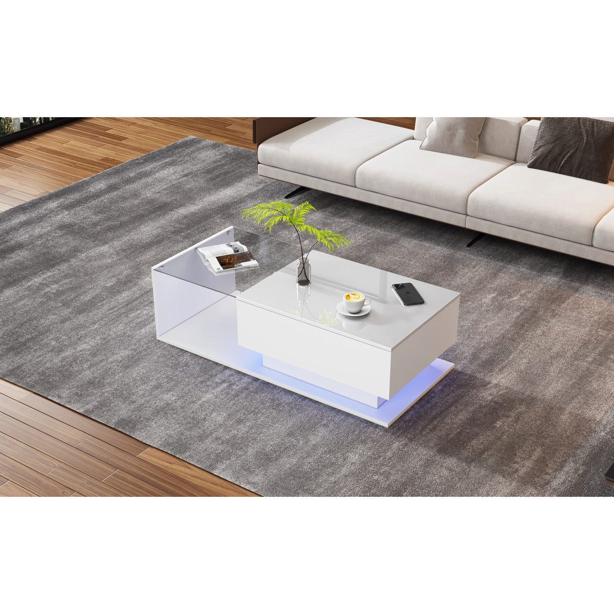 SSY Couchtisch Couchtisch, 100x50x32 cm, in Weiss, aus Holzwerkstoff (Einzeltisch, 1-St., Einzelartikel), LED-Beleuchtung, Schubladen, Glasplatte