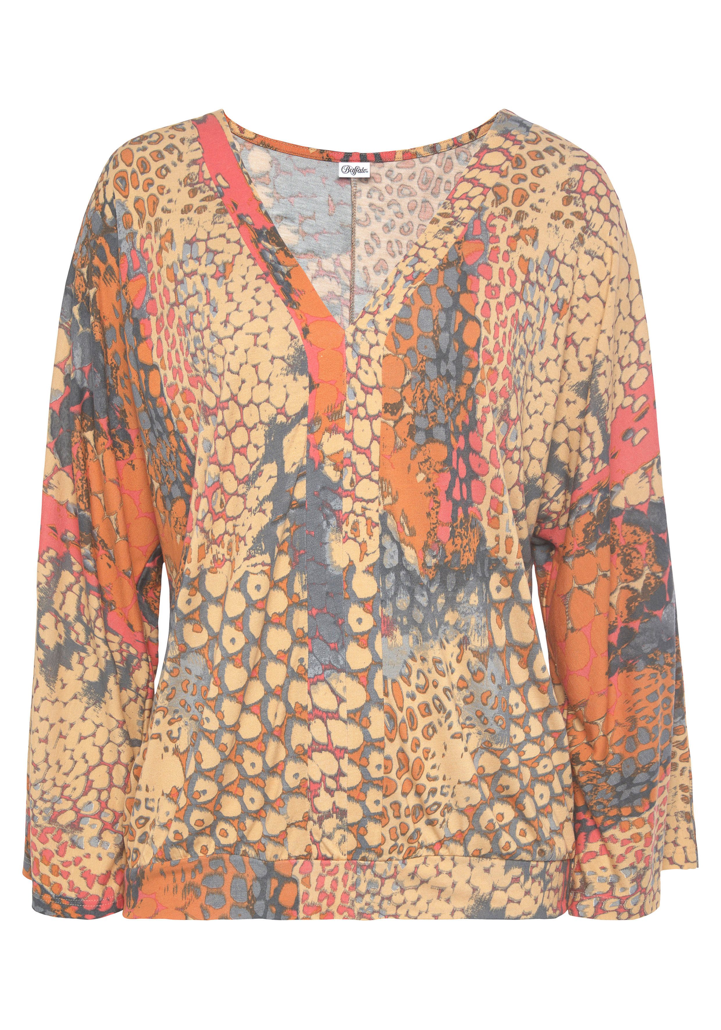 Buffalo Fledermausshirt mit Animaldruck, lockere Bluse mit V-Ausschnitt, Blusenshirt – Bild 2 von 5