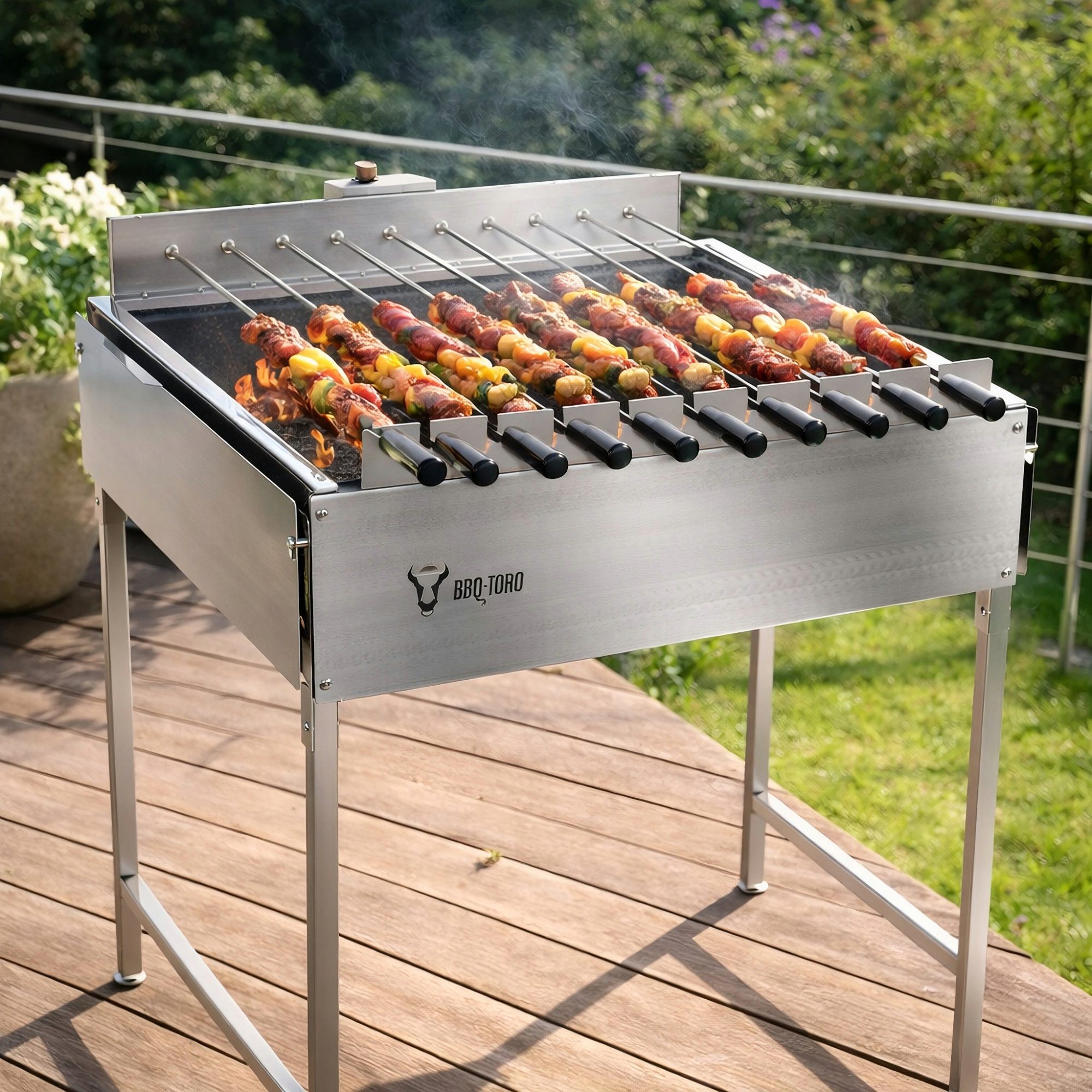BBQ-Toro Drehspieß Edelstahl Kohlegrill mit Spießaufsatz 11 Spießen und Motor