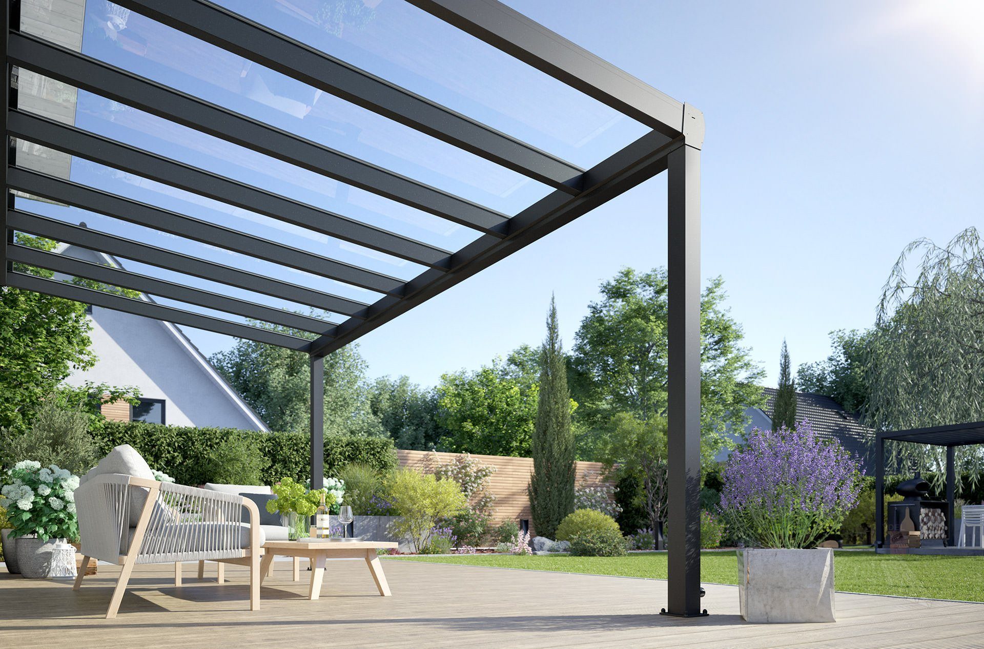 Rexin Terrassendach REXOpremium – hochwertiges Aluminium Terrassendach 4m x 2m, BxT: 406x200 cm, Bedachung VSG-Glas klar oder VSG-Glas grau, mit 4mm starken Profilen, Terassenüberdachung, Vordach