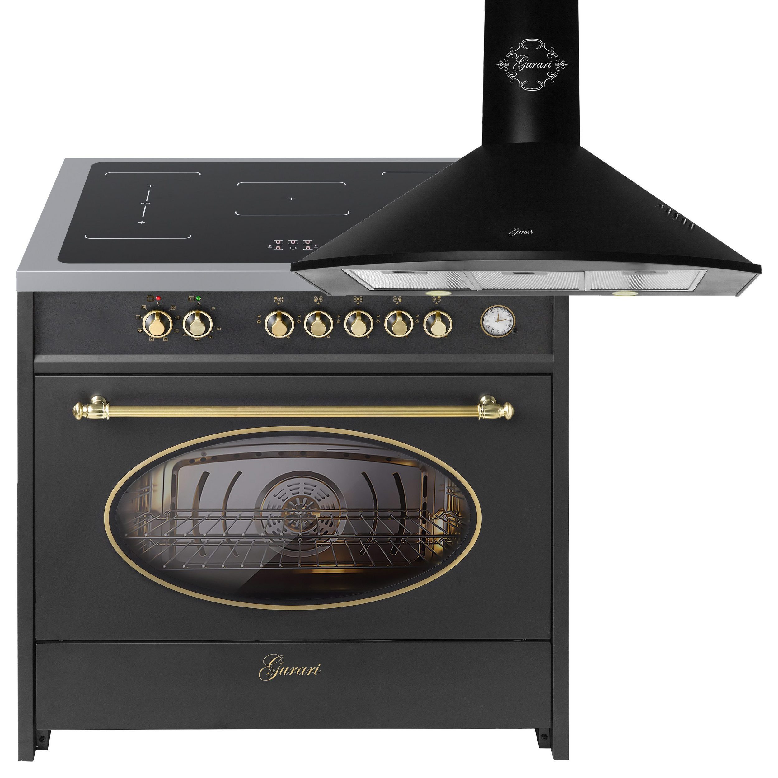 GURARI Induktions Herd-Set Retro Range Cooker 90 cm/ 121L+Dunstabzugshaube 90 cm E 913 RU BL+GCH 046 Bl 9., mit 1-fach-Teleskopauszug, Range Cooker 90 cm, 121L, Schwarz+Dunstabzugshaube 90 cm, Schwarz