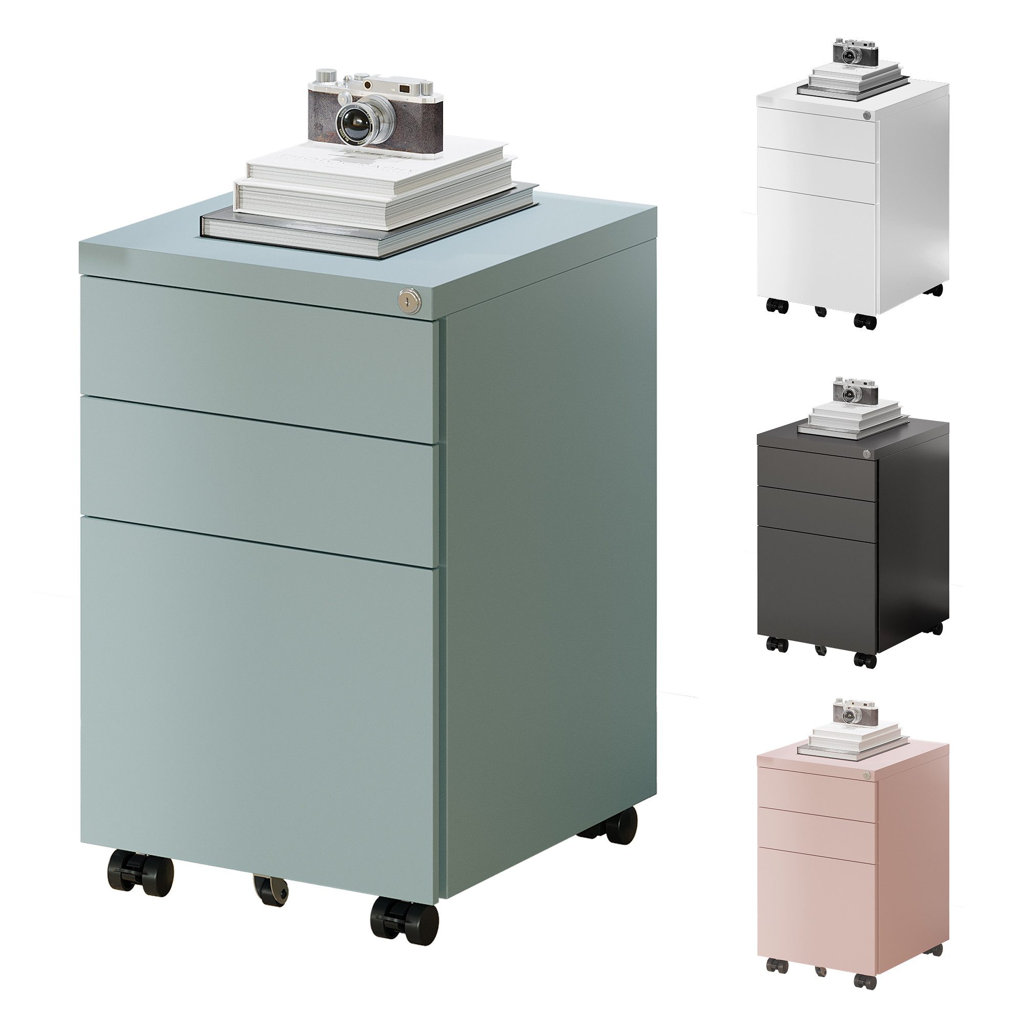 FLEXISPOT Rollcontainer Aufbewahrungsschrank, Büroschrank MIT Schloss, vormontiert, (inkl. 3 Schubladen, grundsolide Verarbeitung, Bürocontainer mit Schubladen für A4), optimal für Schreibtisch, Büromöbel, Aktenschränke, Büro-Rollcontainer