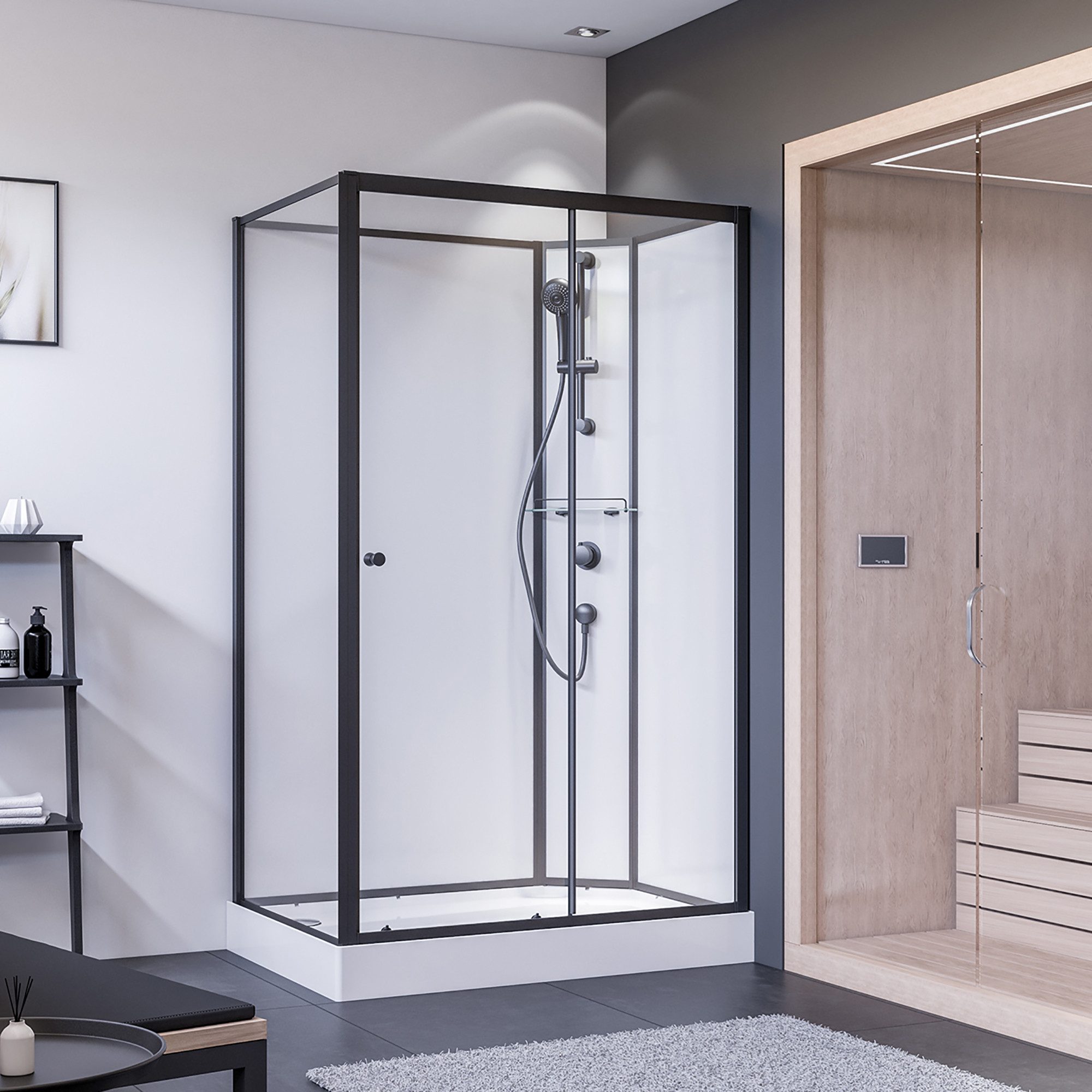 BREUER Eckdusche Komplettdusche Schiebetür mit Seitenwand links schwarz matt Klarglas
