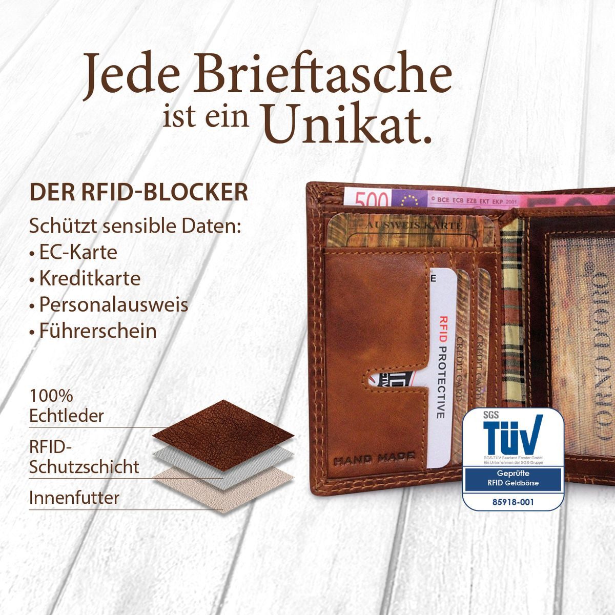 Corno d´Oro Geldbörse Herren Leder Handmade Geldbeutel mit Münzfach RFID Schutz, Hochformat Portemonnaie, 7 Kartenfächer, mit Geschenkbox – Bild 4 von 5