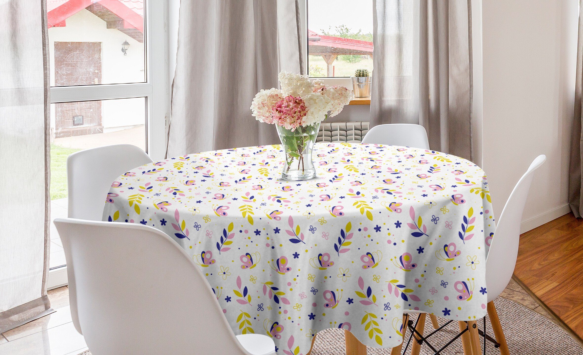 Abakuhaus Tischdecke Kreis Tischdecke Abdeckung für Esszimmer Küche Dekoration, Insekten Schmetterlinge punktiert Blumen