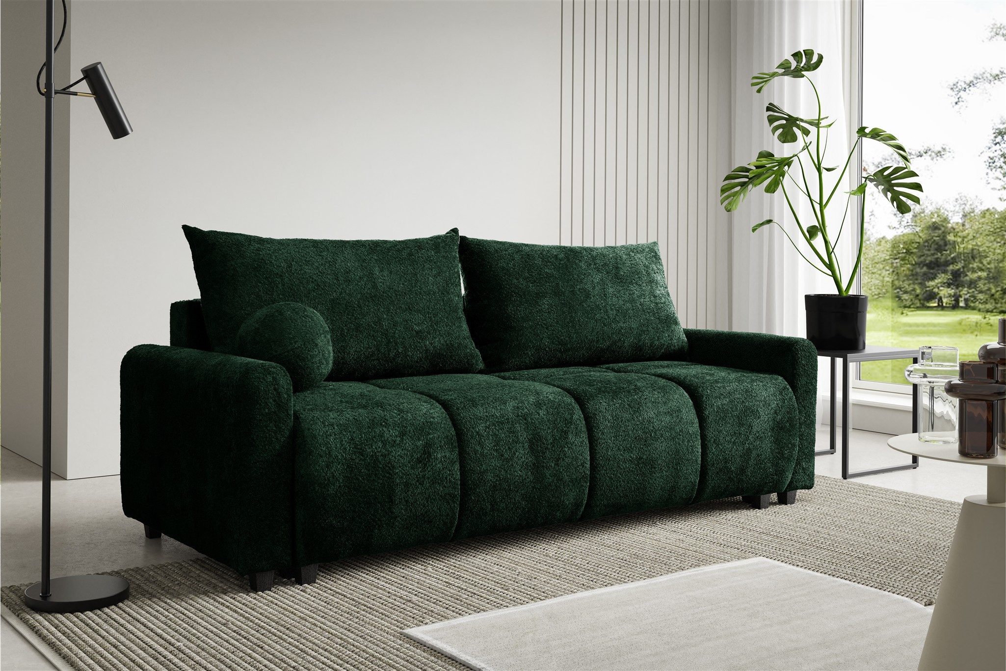 Fun Möbel 3-Sitzer Sofa mit Schlaffunktion GIANA Stoff Soft (Plüsch), inkl. Schlaffunktion, inkl. 2 x Rücken- und 1 x Zierkissen (Rund)
