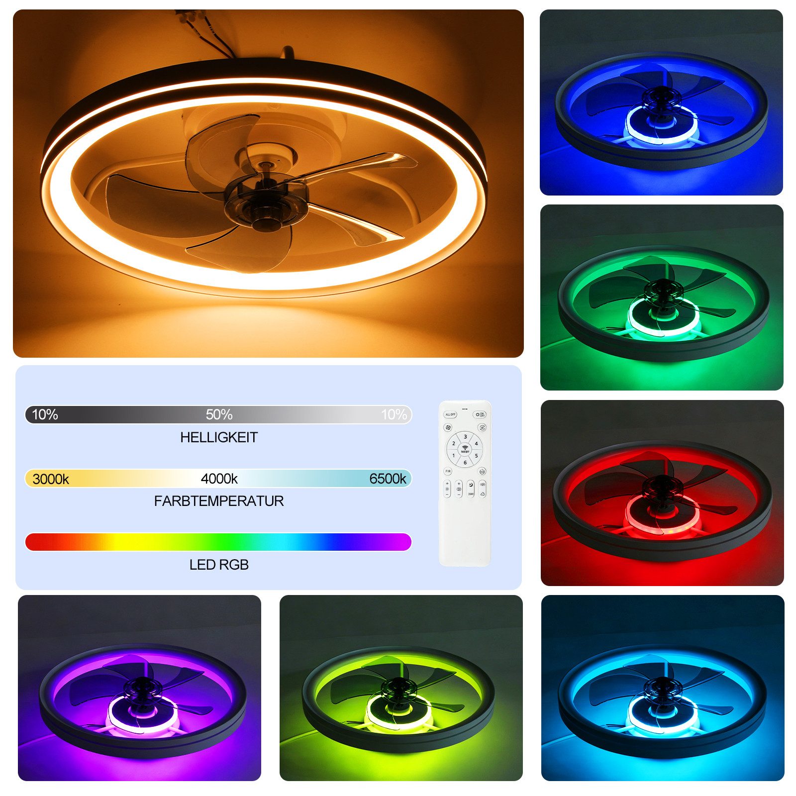 oyajia Deckenventilator 70W Deckenleuchte Dimmbar, Leise Deckenventilator 6 Geschwindigkeiten, LED Deckenbeleuchtung mit Ventilator für Wohnzimmer Schlafzimmer Küche