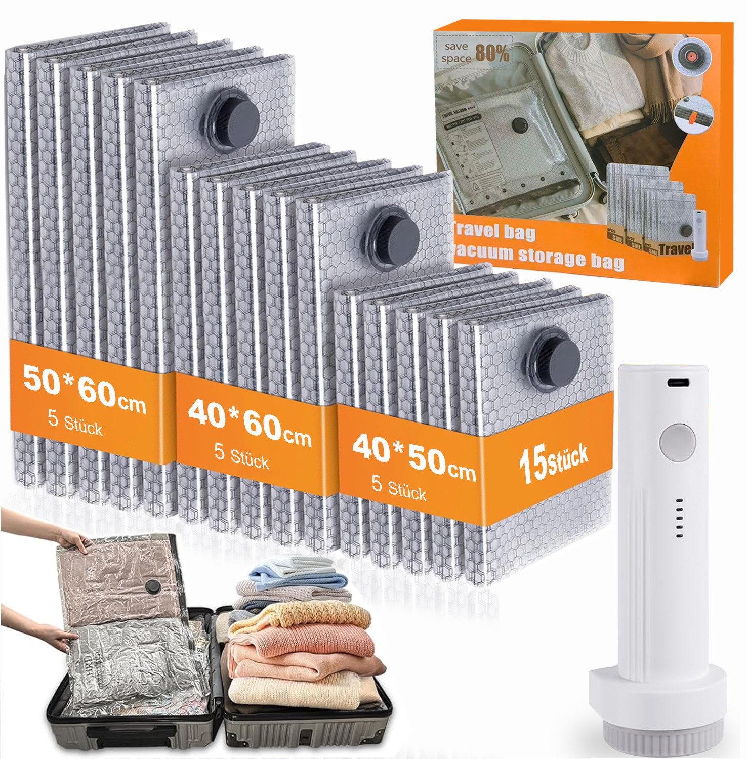 Futicare Kofferorganizer Vakuumbeutel für Kleidung mit kabelloser Vakuumpumpe 15 Stück (Transparente, langlebige und wiederverwendbare Vakuumbeutel in drei Reisegrößen – ideal für Kleidung, Handgepäck und ordentliches Packen auf Reisen)