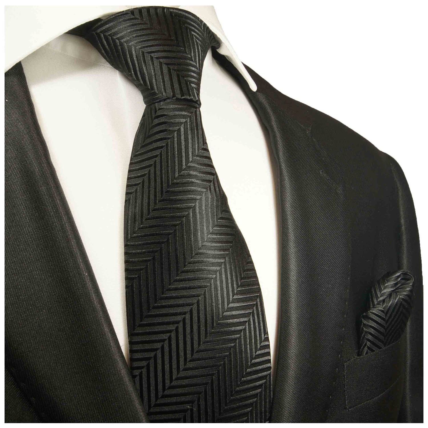 Paul Malone Krawatte Herren Seidenkrawatte mit Tuch modern uni 100% Seide (Set, 2-St., Krawatte mit Einstecktuch) Schmal (6cm), schwarz 2006 | Breite Krawatten