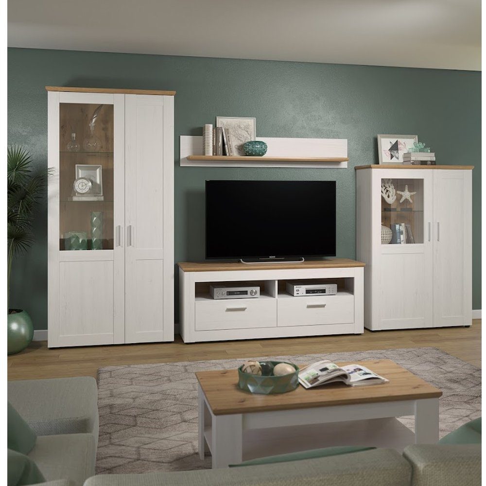 trendteam Wohnzimmer-Set, Anbauwand 4tlg. Pinie Andersen Weiß Eiche B/H/T: 368 x 194 x 45 cm