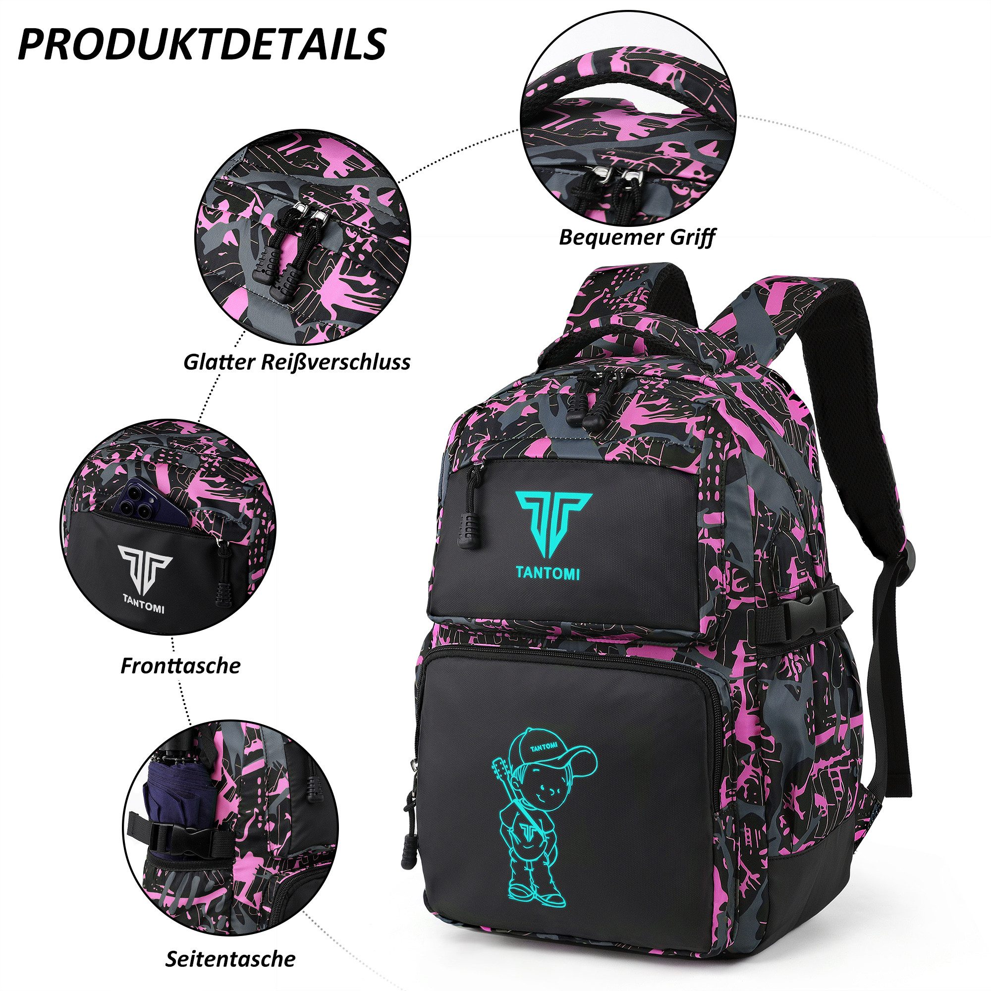 TAN.TOMI Schulrucksack Rucksack Jungen Schulrucksack Mädchen Teenager Jugendliche Daypacks, Kinder Reflektierender Schultasche Outdoor Camping Groß Schulranzen – Bild 4 von 5