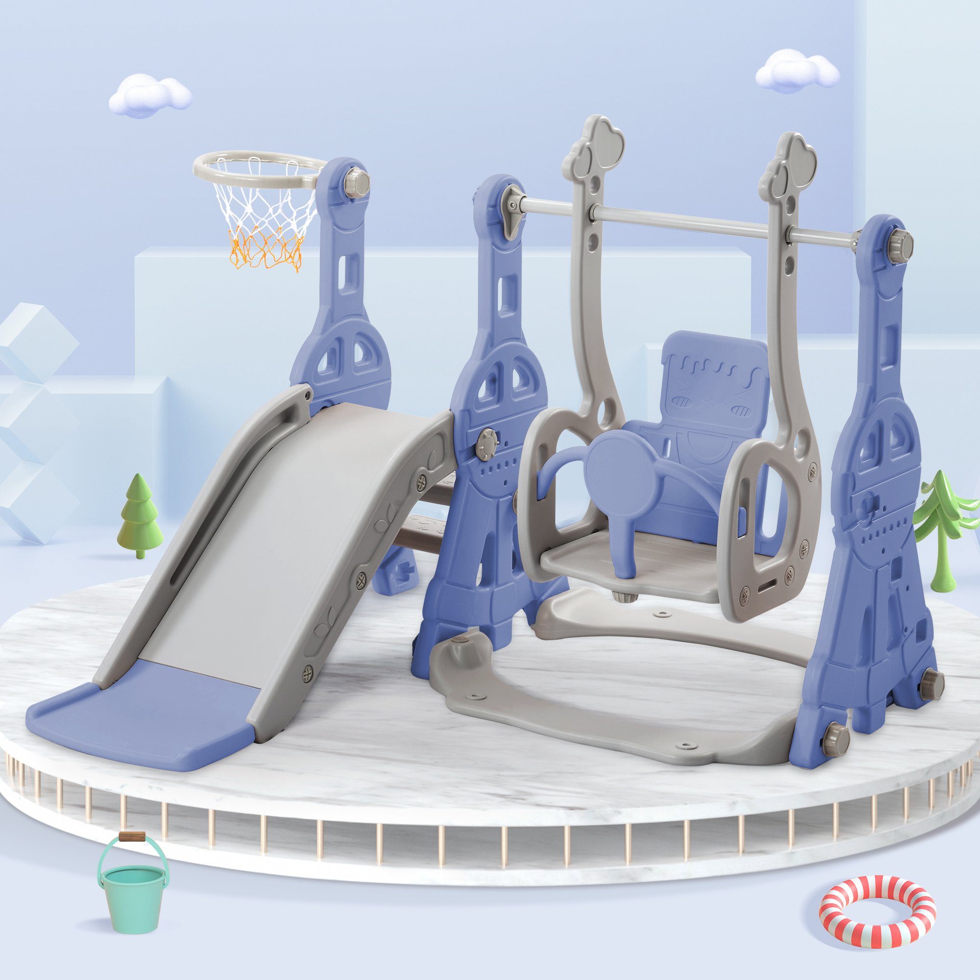 in Jahre Rutschbahn), Kinder Indoor-Rutsche 1 Gartenrutsche Kinderrutsche REDOM mit Outdoor 1-6 (Schaukel & Indoor Fun-Slide Rutsche Basketballkorb, 4 Dunkelblau Schaukel mit Rutsche für