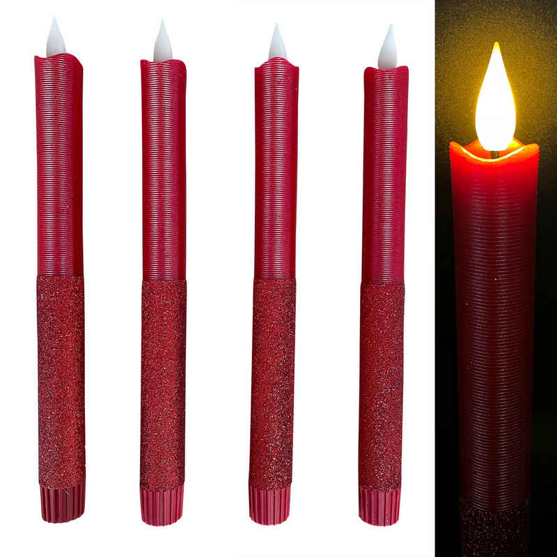 Online-Fuchs LED-Kerze 4 LED STABKERZEN im Set aus Echtwachs mit 6 Stunden Timer, 873 - (Rot, Rosé, Champagner, Silber, Taubenblau -, Flackernde Flamme), zweigeteilte Optik mit Glitzer
