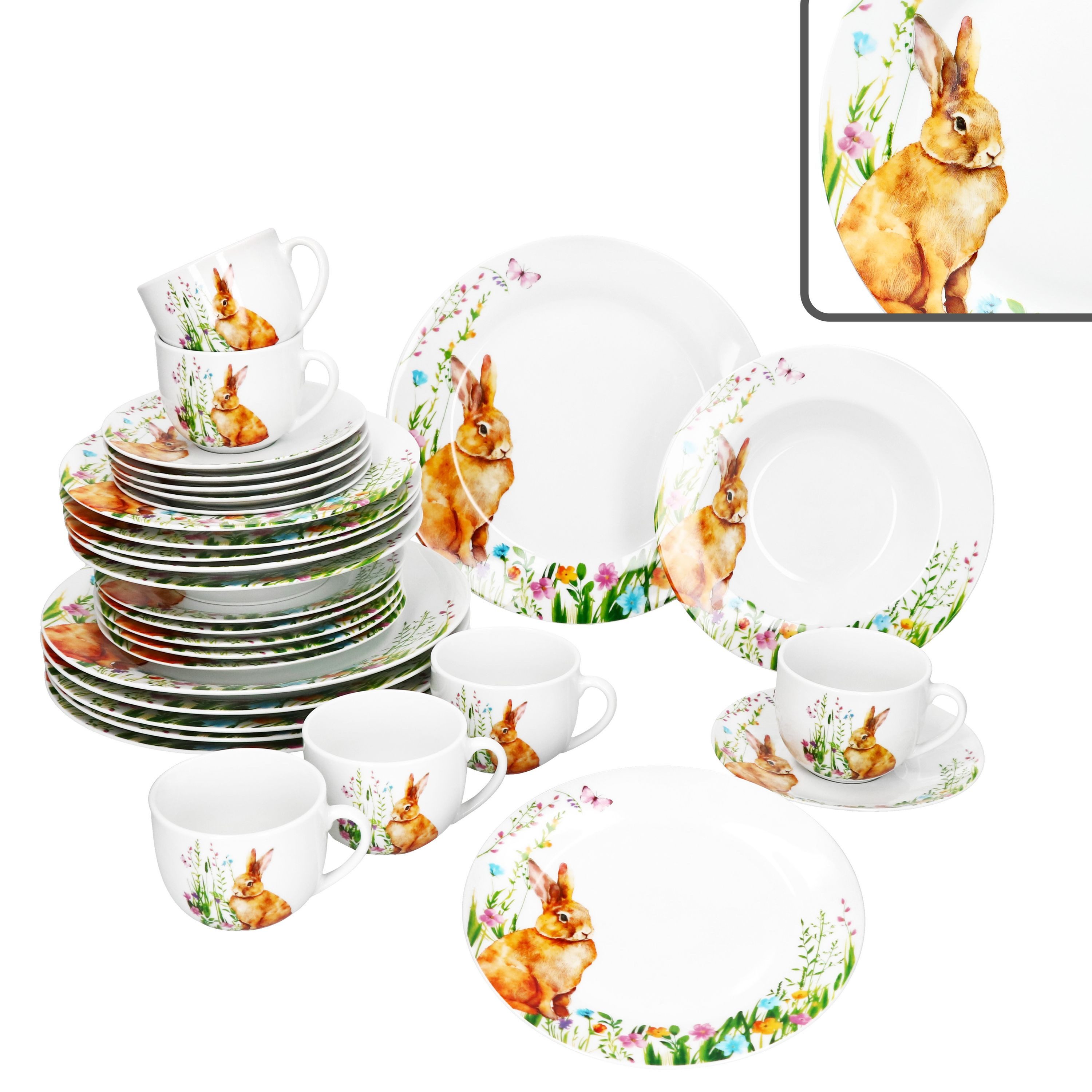 MamboCat Kombiservice 30tlg Kombiservice Osterfreude Tasse Untertasse Teller Hase, Porzellan