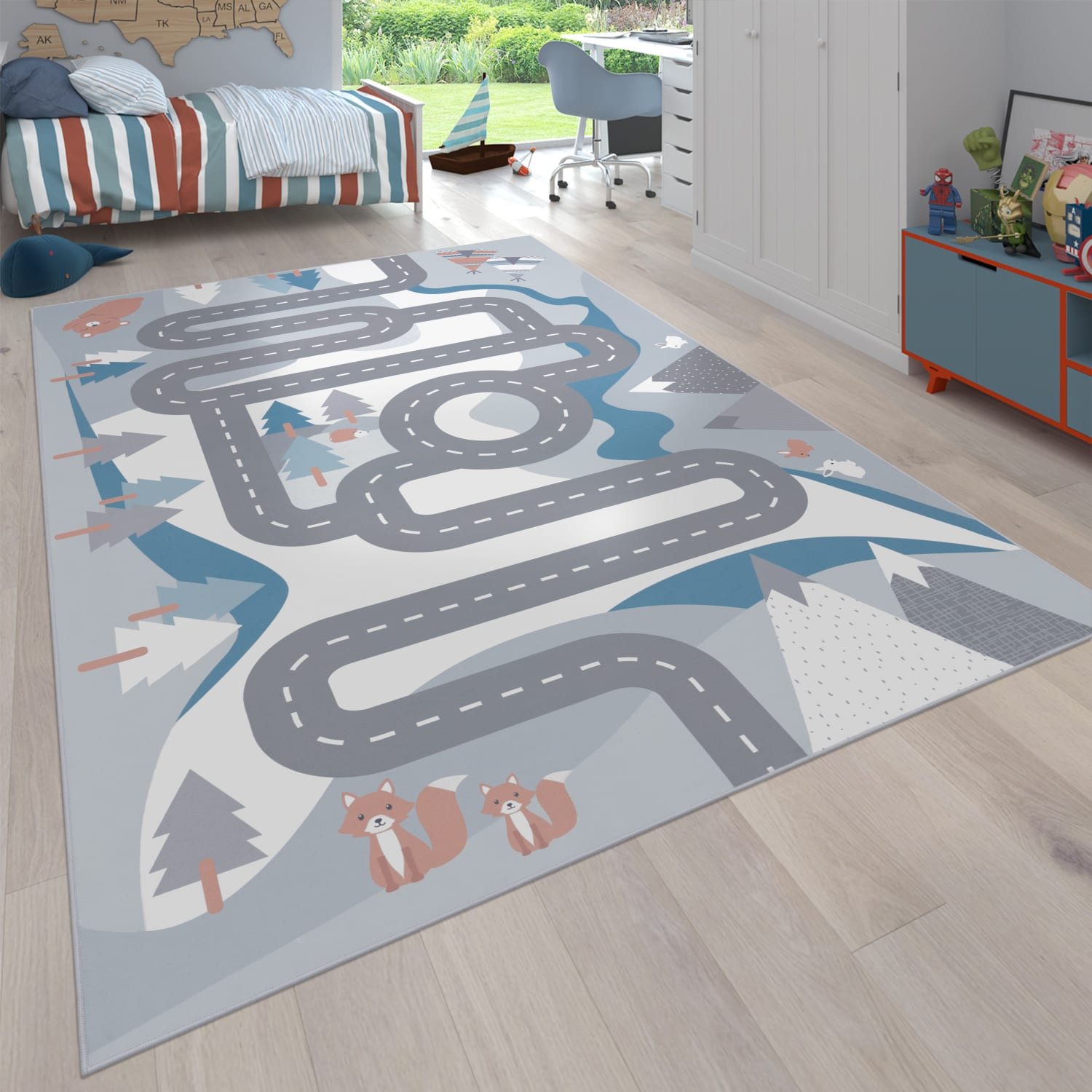 KADIMA DESIGN Kinderteppich waschmaschinenwaschbar Wald‑Straßen Kinderzimmer Kinderteppich, Läufer, Höhe: 4 mm, 100% Polyester, Rücken aus …