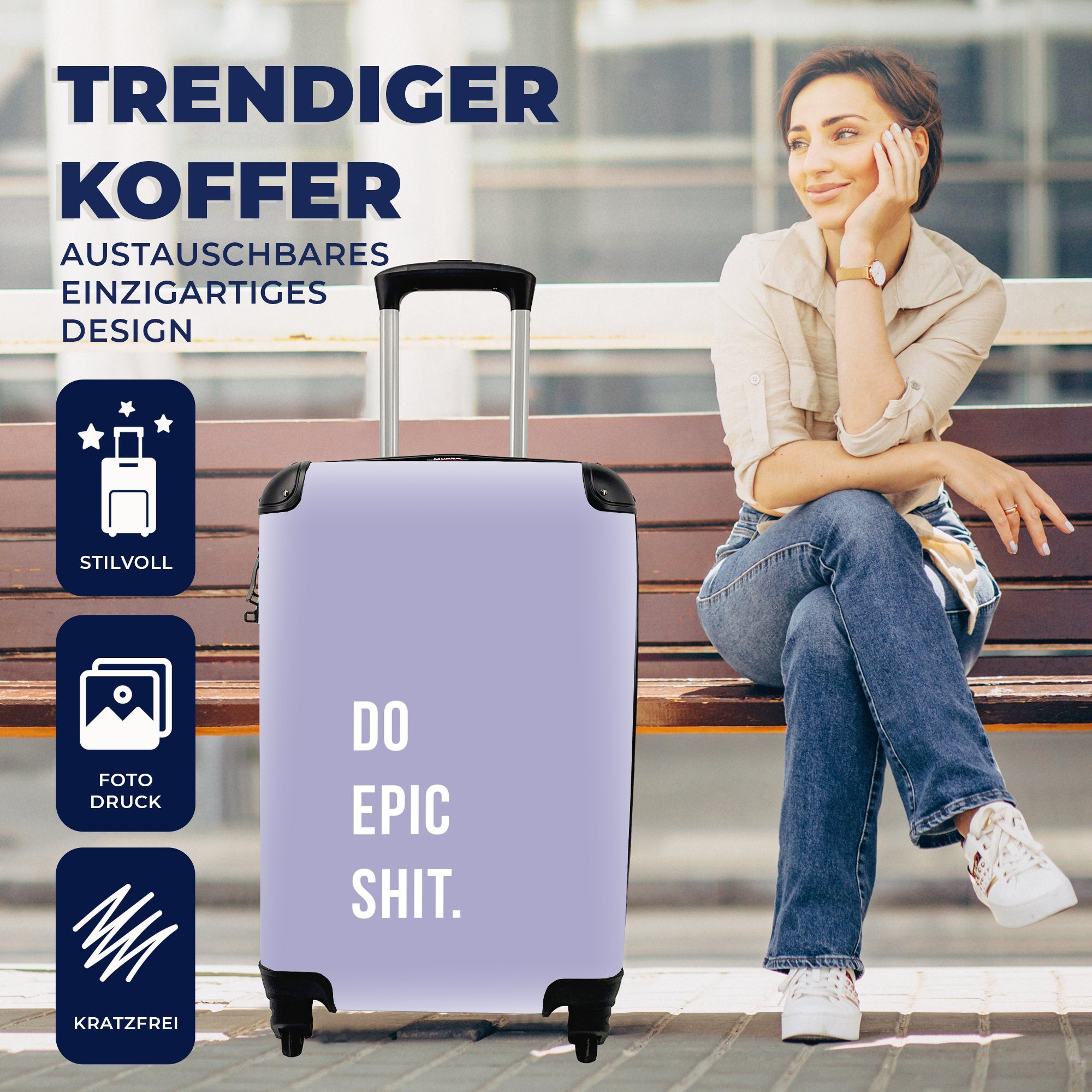 Lila, für Reisetasche Trolley, MuchoWow Rollen, Zitate Mach Handgepäckkoffer Scheiß - Ferien, mit 4 rollen, epischen Handgepäck - Reisekoffer