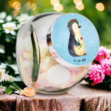 Mr. & Mrs. Panda Vorratsglas L 870ml Pinguin Blumen - Eisblau - Geschenk, Süßigkeitendose, Blumenk, Premium Glas, (1-tlg), Vielseitig einsetzbar