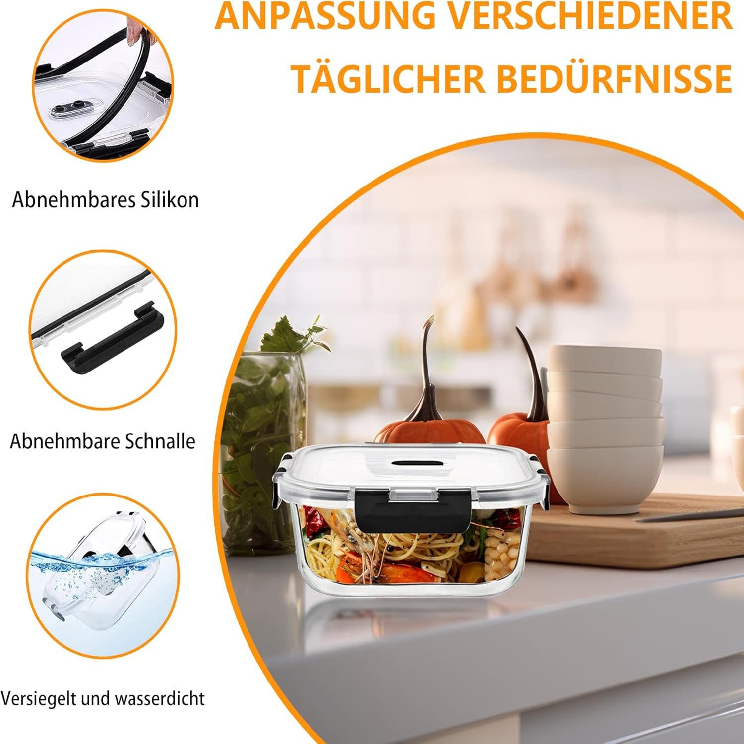 KingLux Frischhaltedose 6 Stück Vorratsdosen Glas mit Deckel 1200ml, Frischhaltedosen, Borosilikatglas, (6-tlg)