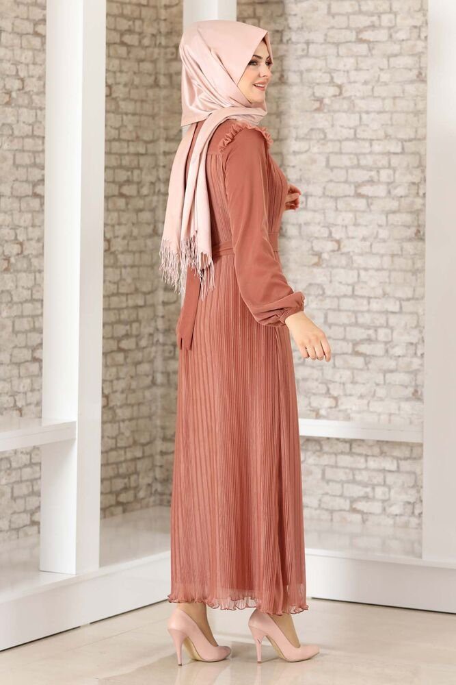 Falten-Optik Abiye Abendkleid Abaya Kleid mit Koralle Modavitrini Schulterdetail, Schulterdetail Hijab Lady Damen Kleid